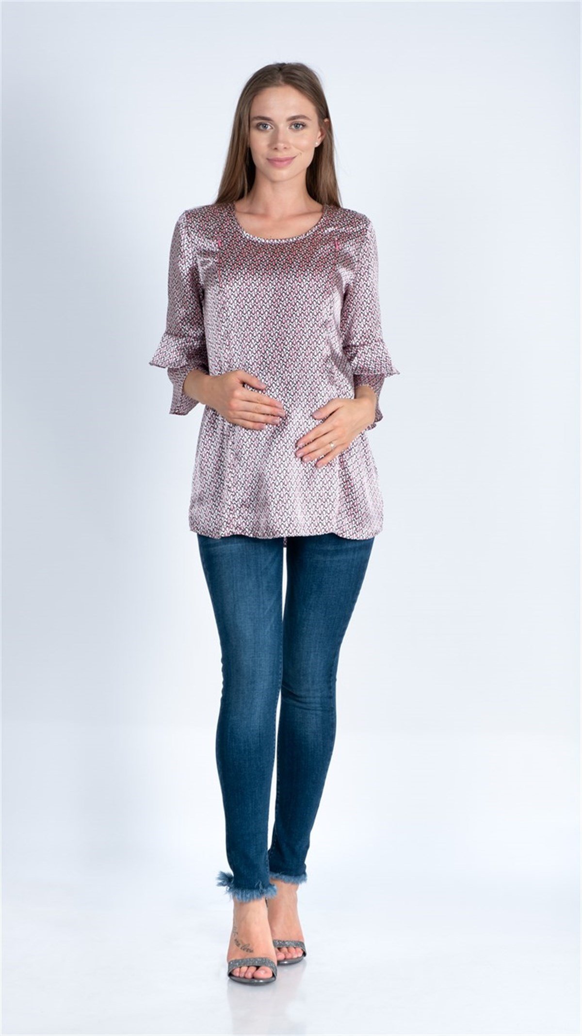 Maternity Blouse Color Patterned Barbell Breastfeeding Detailed Pink