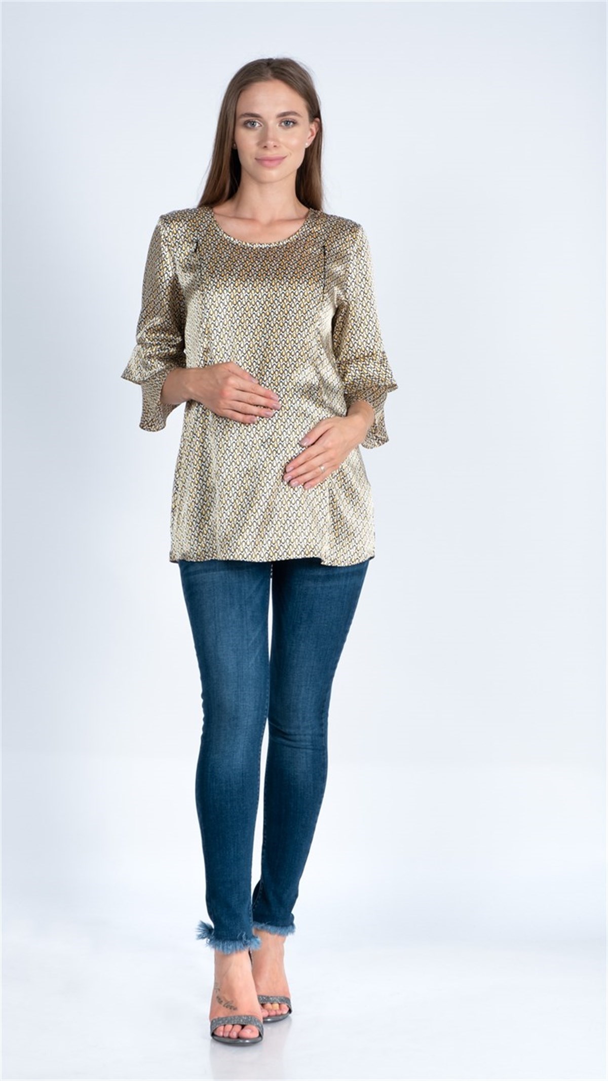 Maternity Blouse Color Patterned Barbell Breastfeeding Detailed Yellow