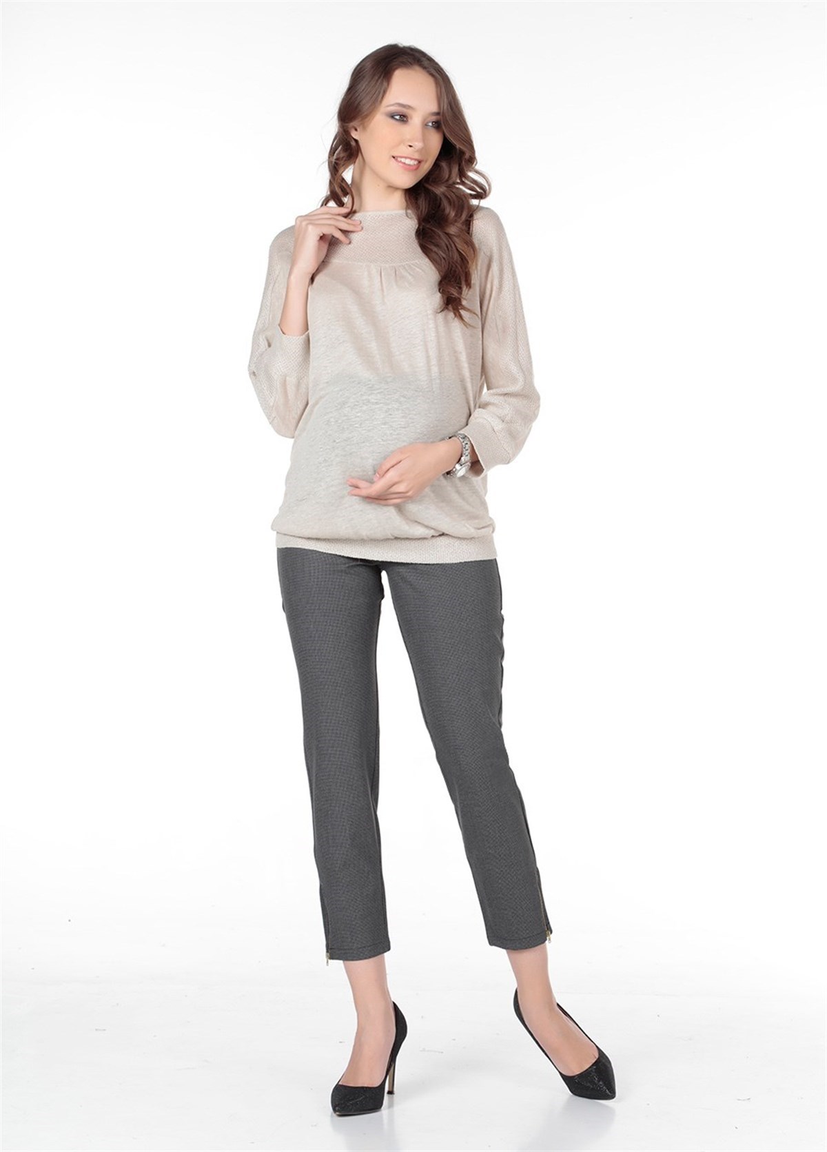 Maternity Blouse Collar Ribbonli Model Beige