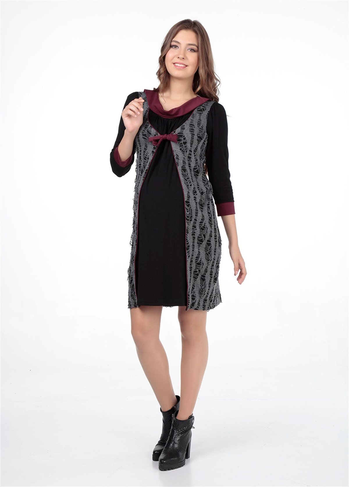 Maternity Degaje Collar Three Quarter Sleeve Casual Dress Burgundy