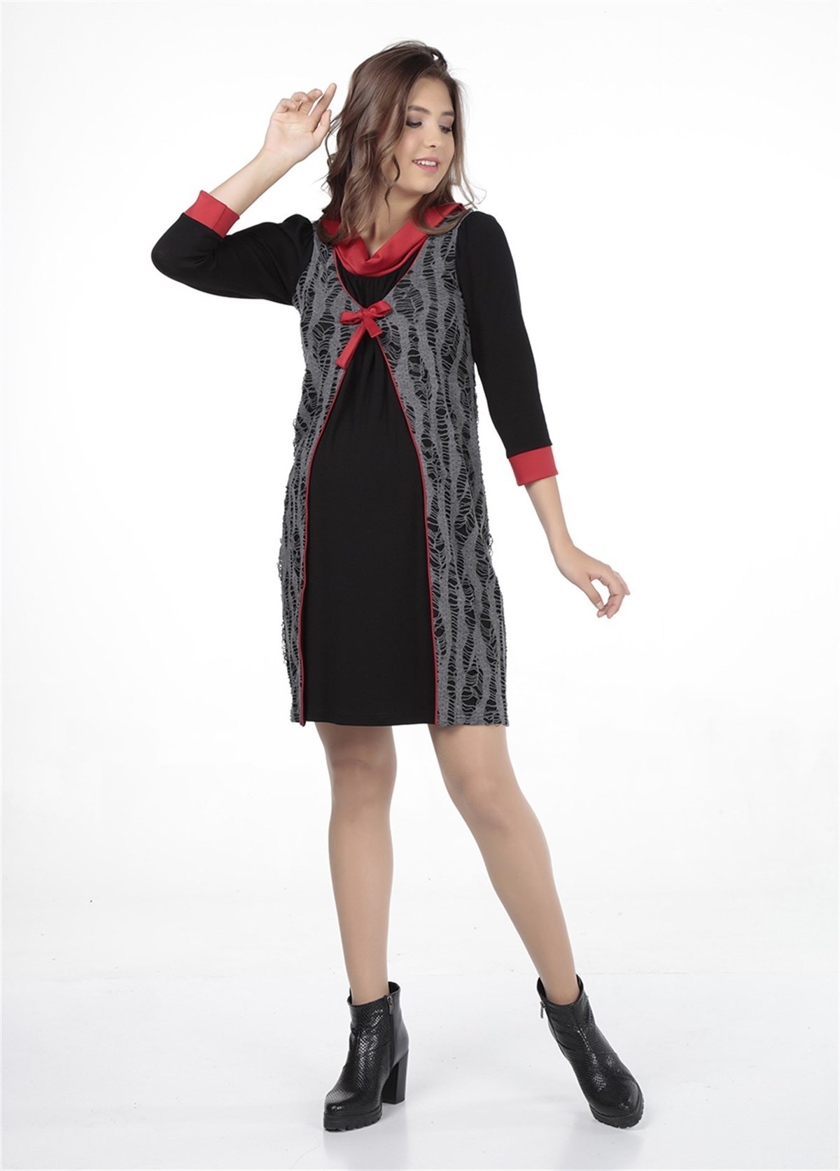 Maternity Degaje Collar Three Quarter Sleeve Casual Dress Red