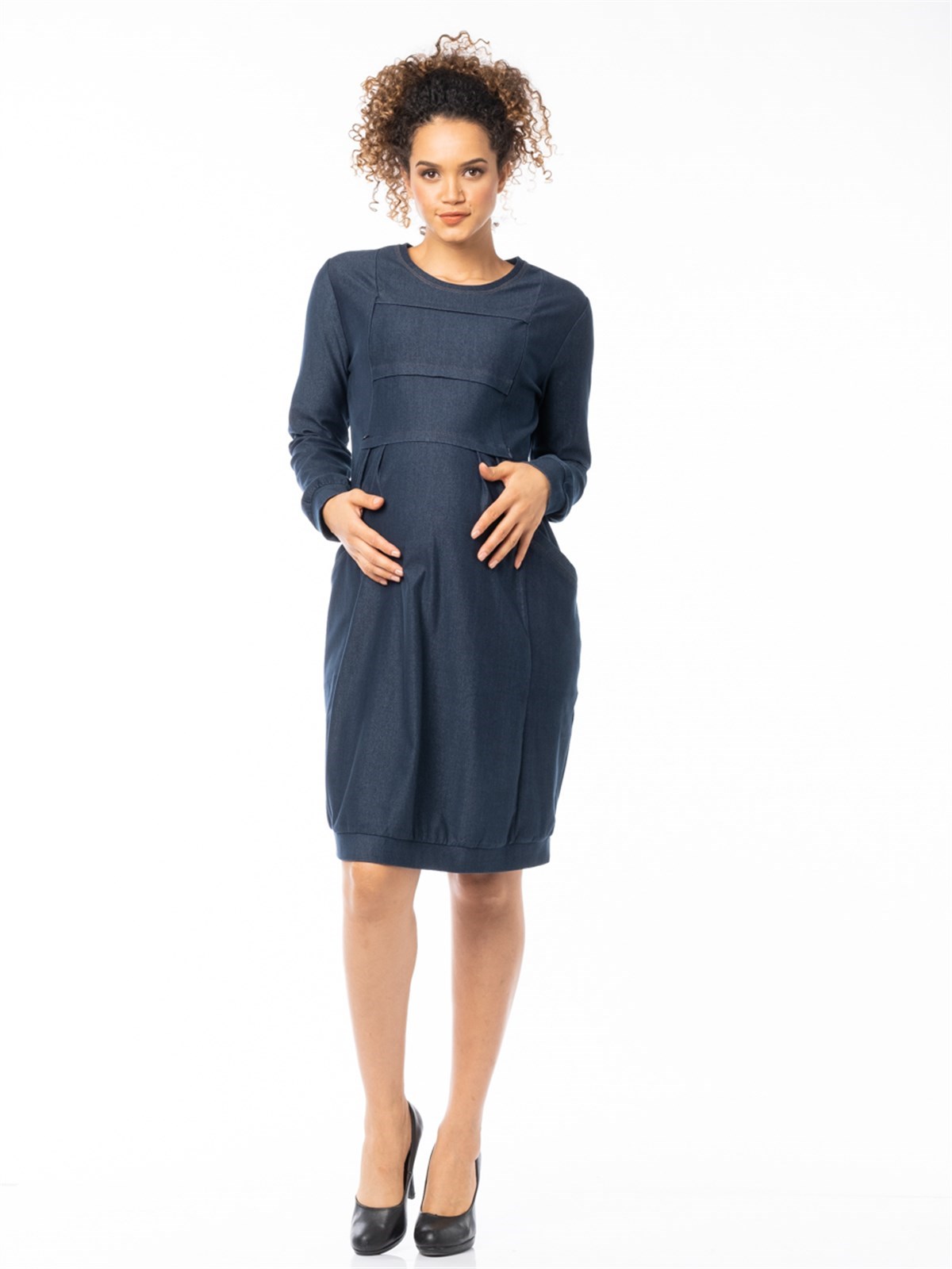 Hamile Emzirme Detaylı Yan Cepli Örme Kot Elbise Mavi