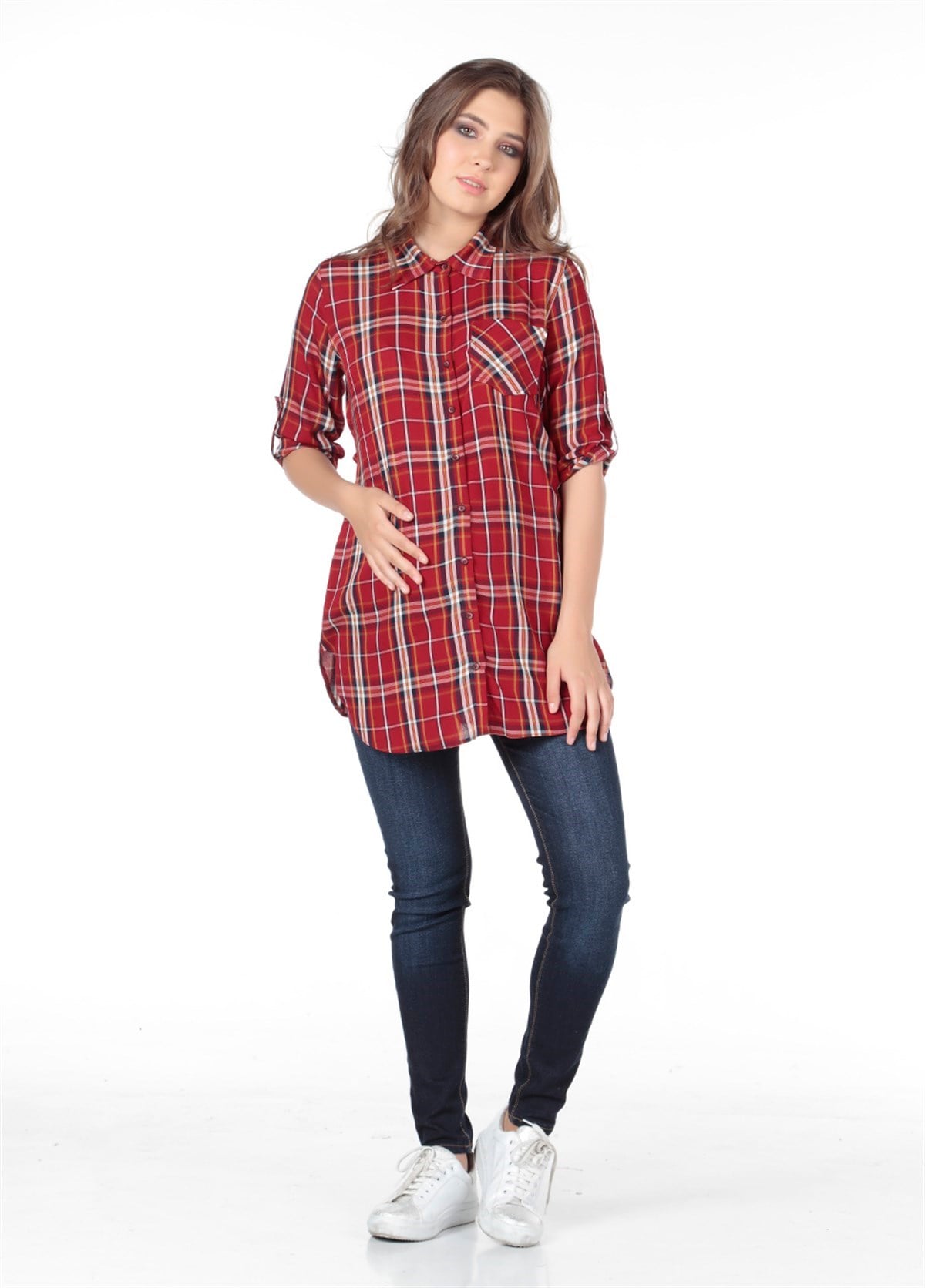 Hamile Gömlek Ekose Desen Model Bordo