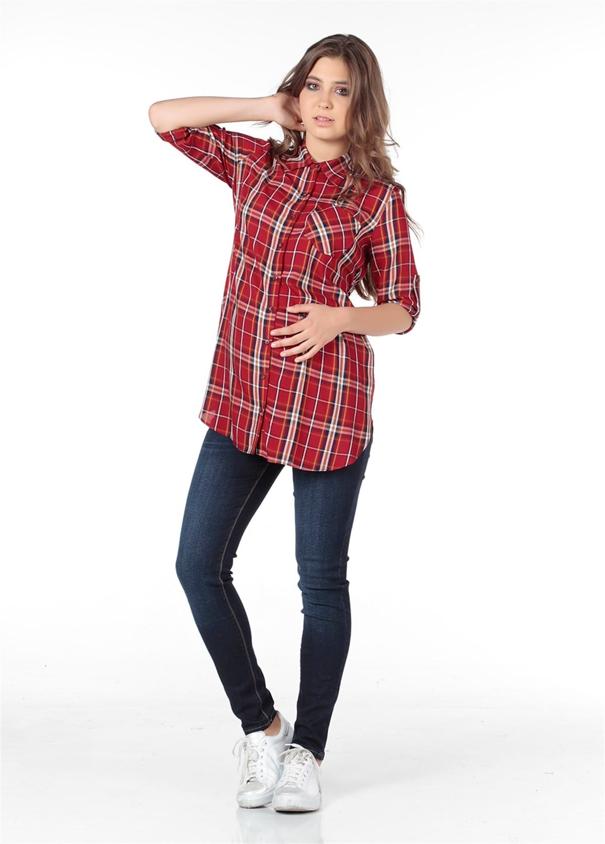 Hamile Gömlek Ekose Desen Model Kırmızı