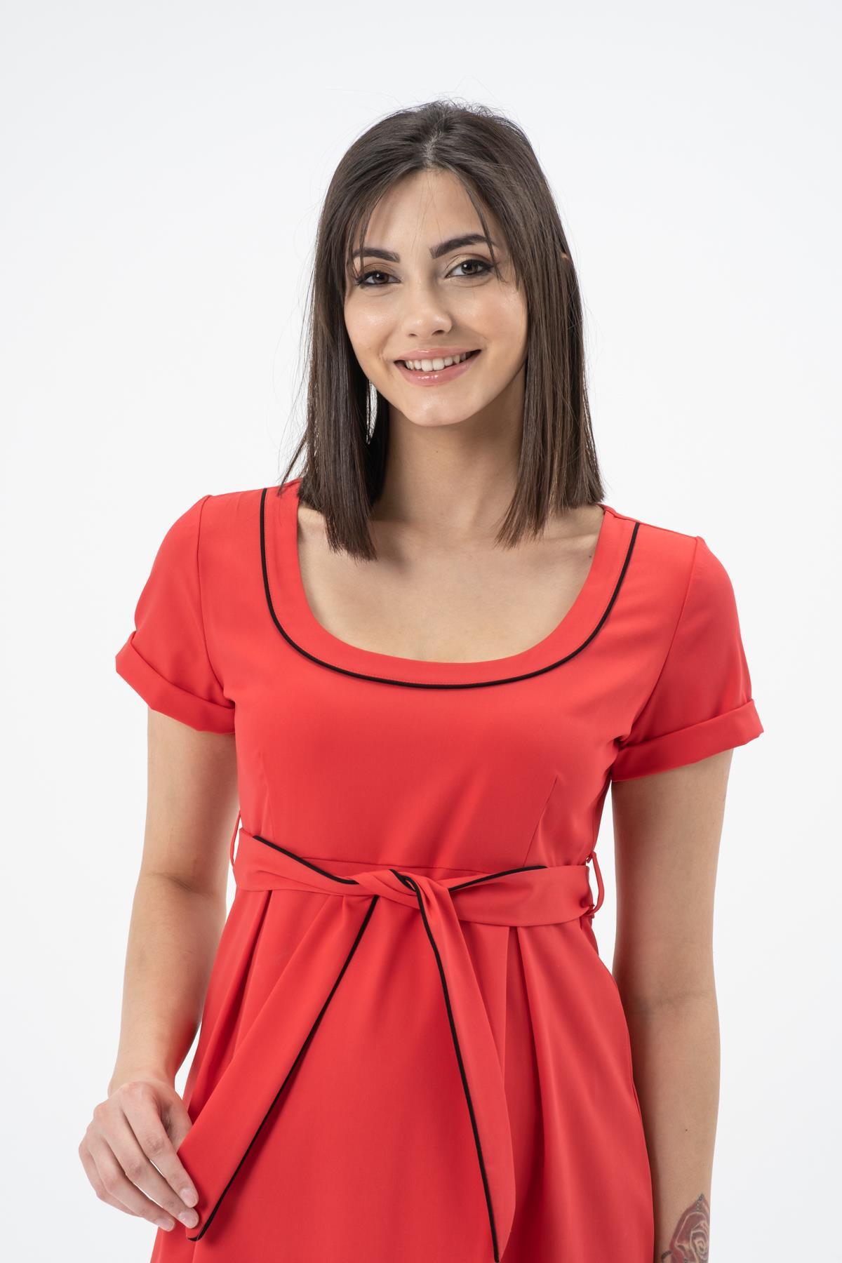 Hamile Günlük Elbise Belden Kemerli Kırmızı