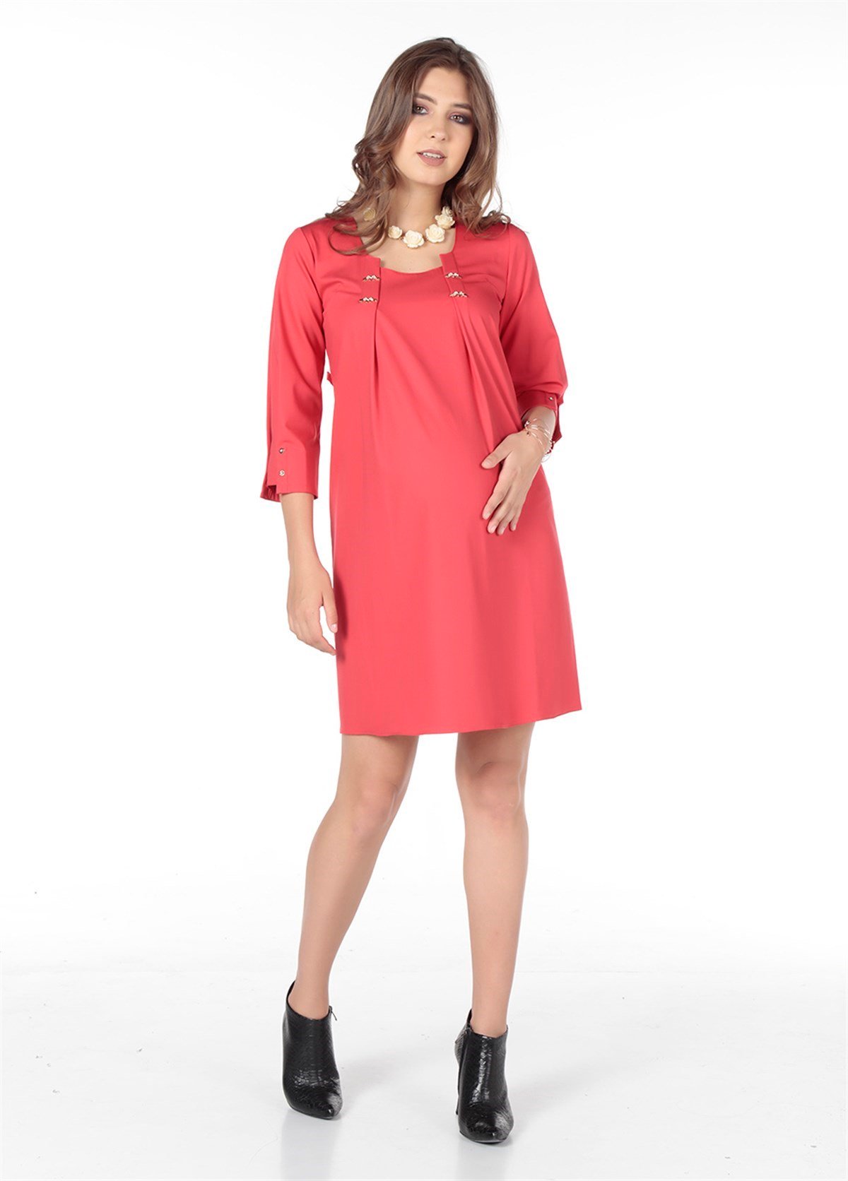 Hamile Günlük Elbise Çift Yaka Aksesuarlı Kırmızı