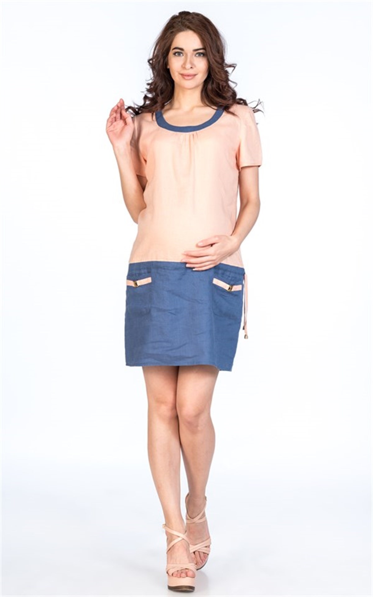 Maternity Casual Dress Skirt Pocket Blue Collar Light Pink