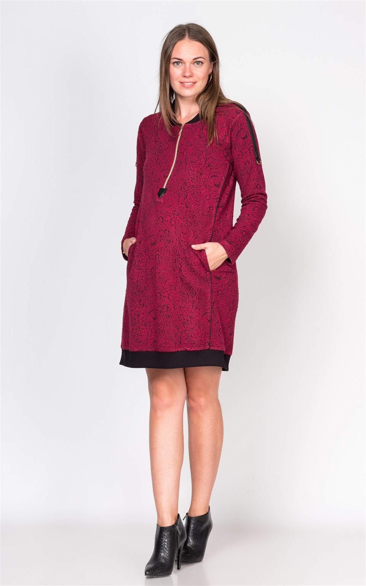 Hamile Günlük Elbise Fermuarlı Desenli Bordo