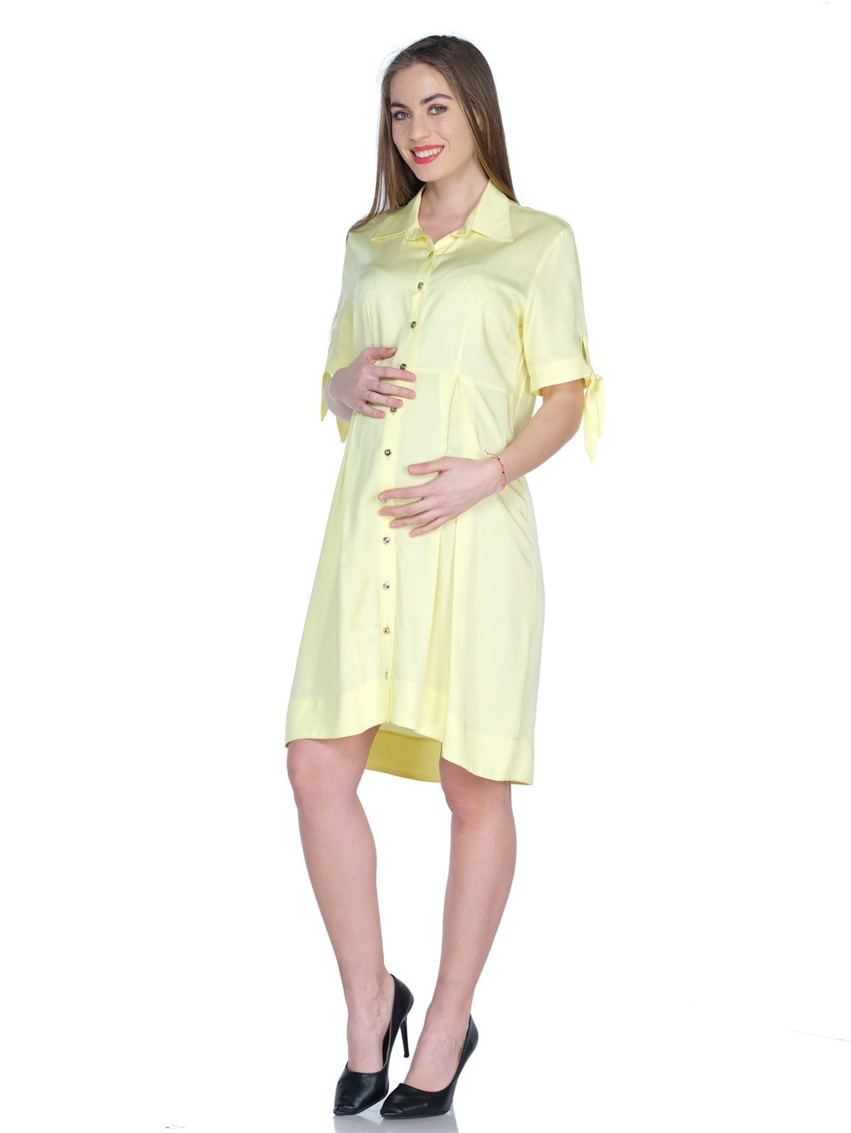 Maternity Casual Dress Front Button Yellow