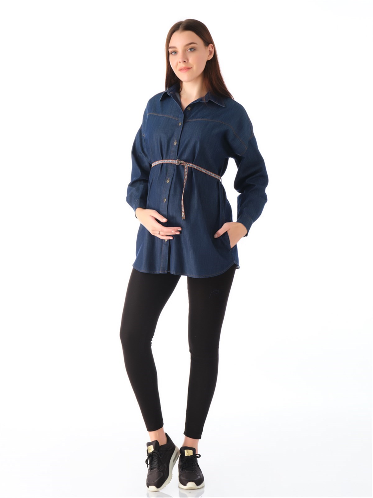 Maternity Waistted Side with pockets jeans Shirt Blue