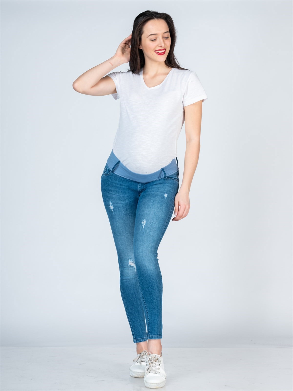 Hamile Kot Pantolon Sağ Diz Yırtıklı Model Mavi
