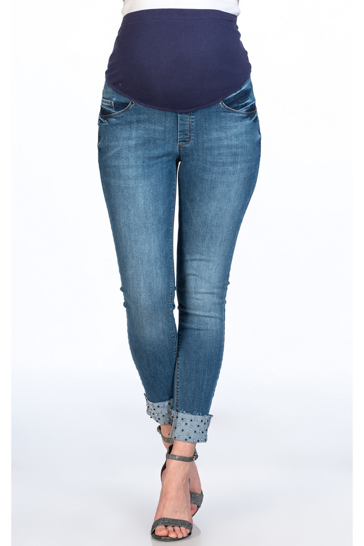Hamile Kot Pantolon Skinny  İncili Paça Mavi