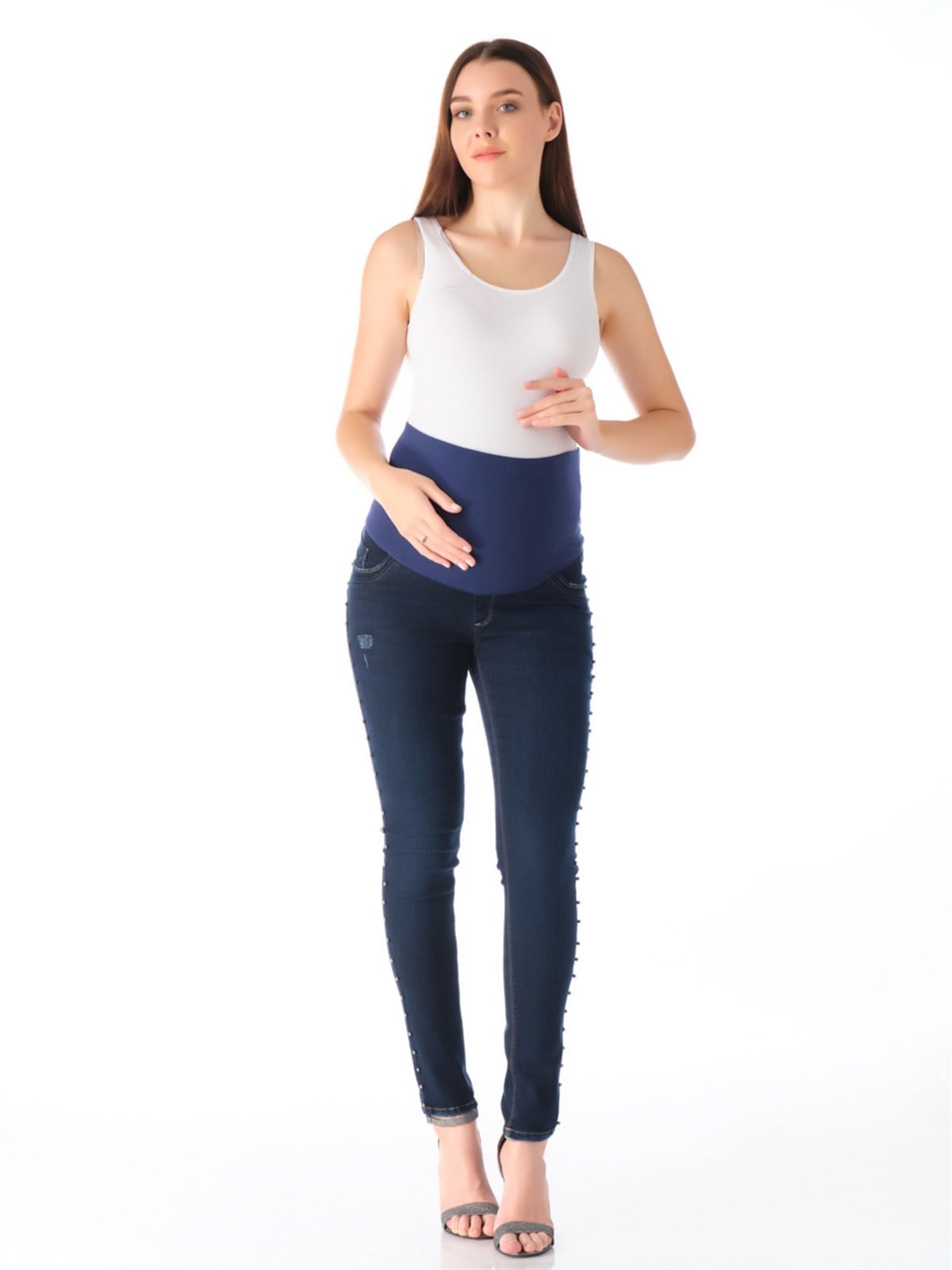 Hamile Kot Pantolon Skinny İncili Model Lacivert
