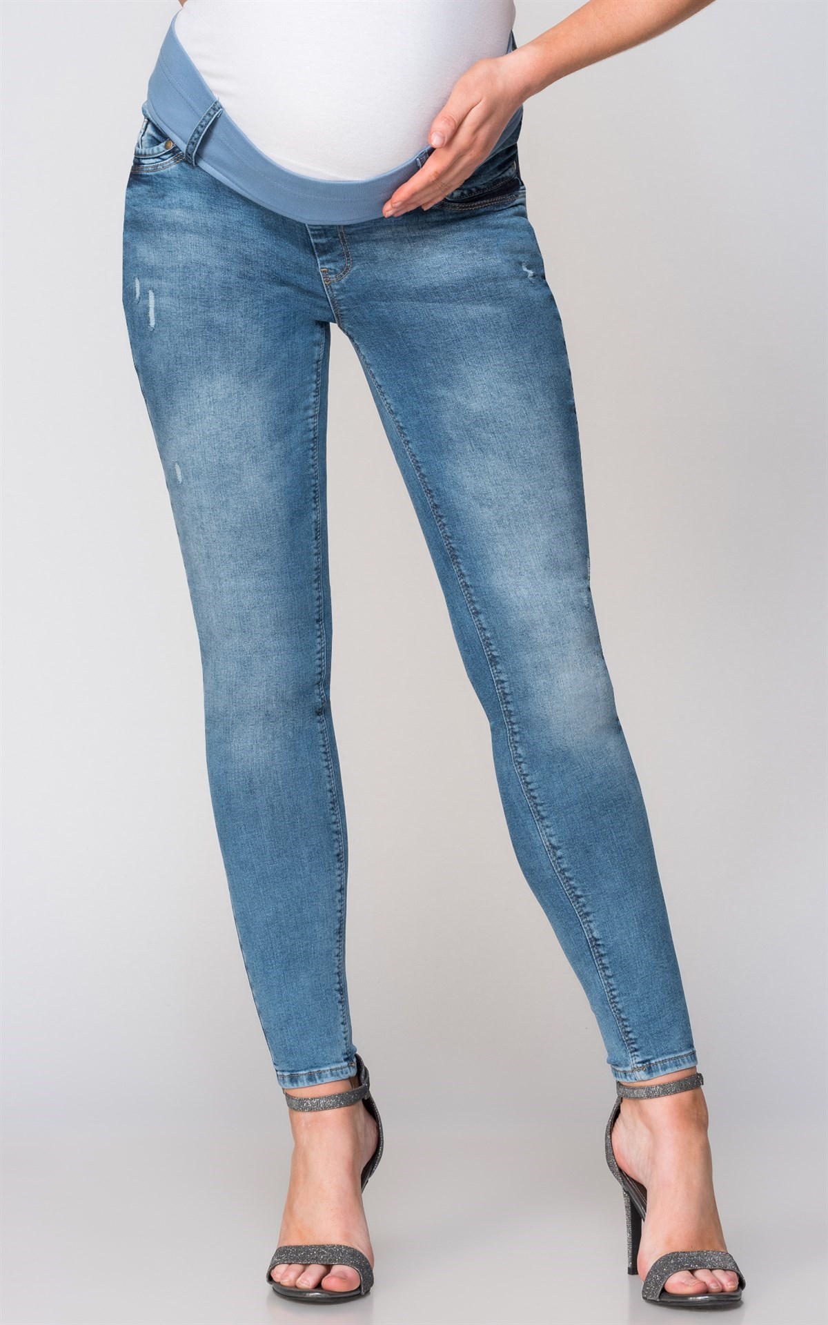 Hamile Kot Pantolon Skinny Ribanalı Dar Paça Mavi