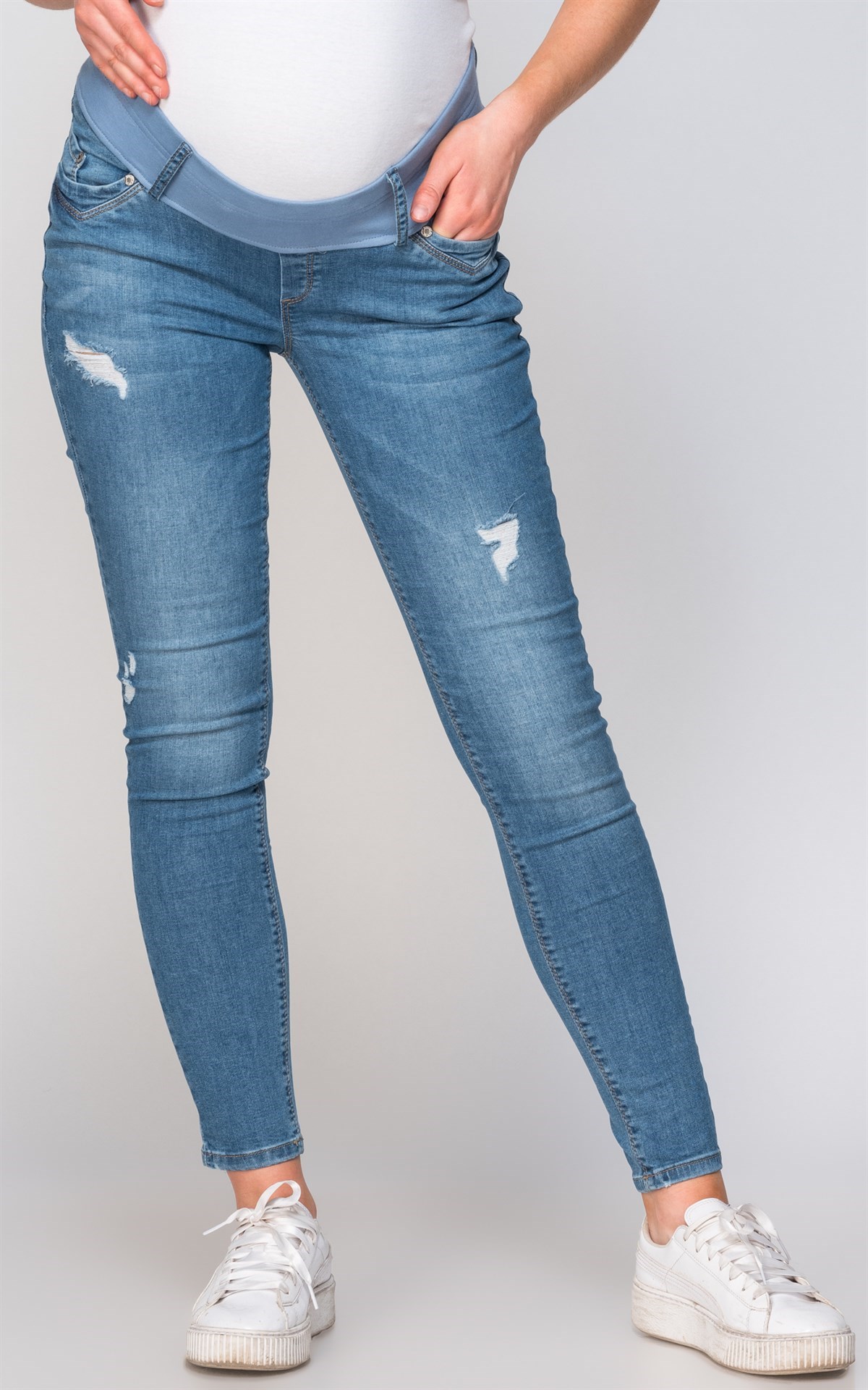 Hamile Kot Pantolon Skinny Ribanalı Yırtıklı Mavi