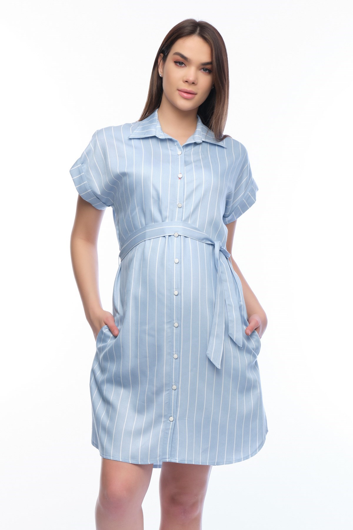 Hamile Önden Düğmeli Bel Kemerli Cepli Elbise Mavi