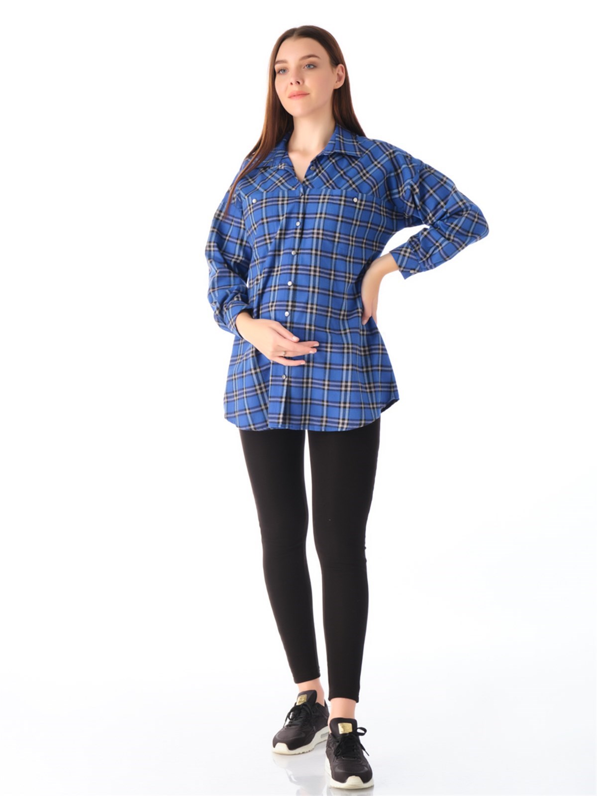 Hamile Önden Düğmeli Ekose Gömlek Mavi
