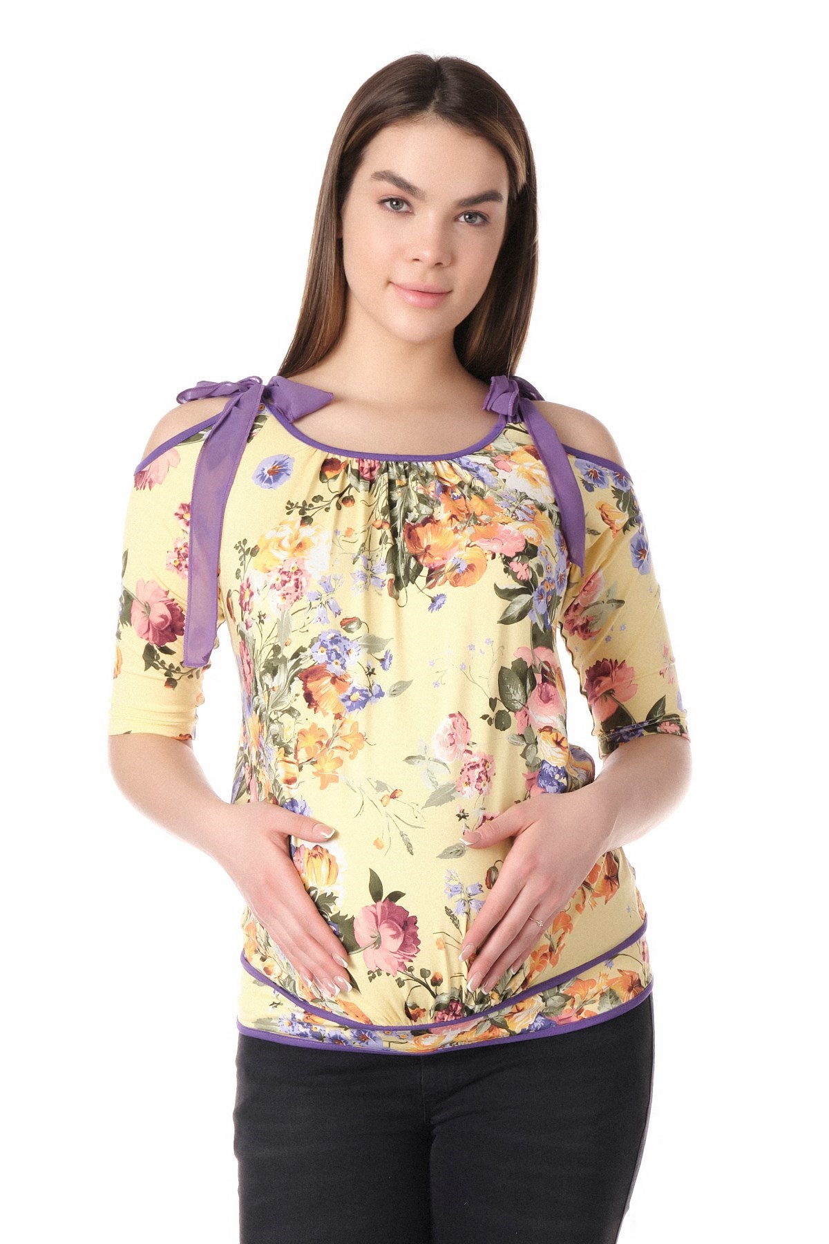 Maternity Knitted Flower Patterned Fabric Off-the-Shoulder Blouse Yellow