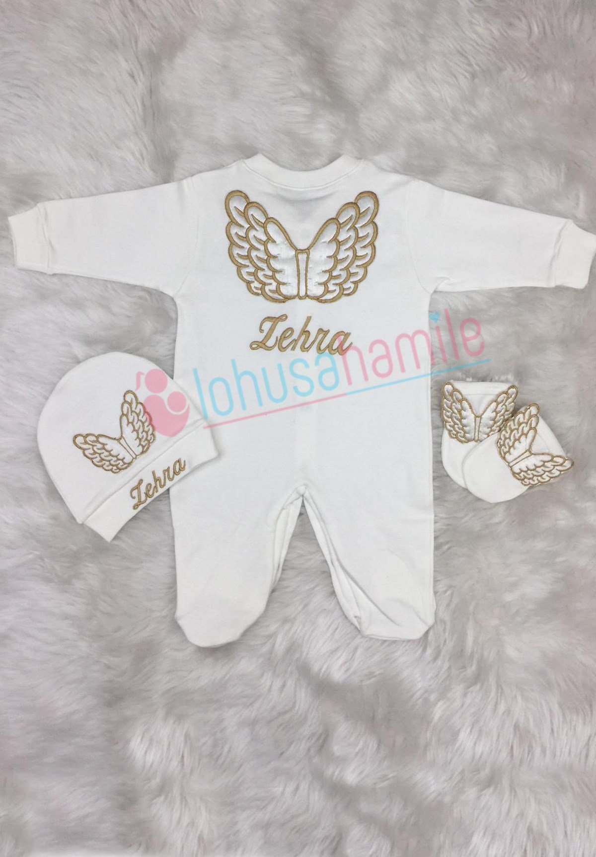 İsime Özel Atom Kanat Nakışlı 3'lü Bebek Tulum Seti