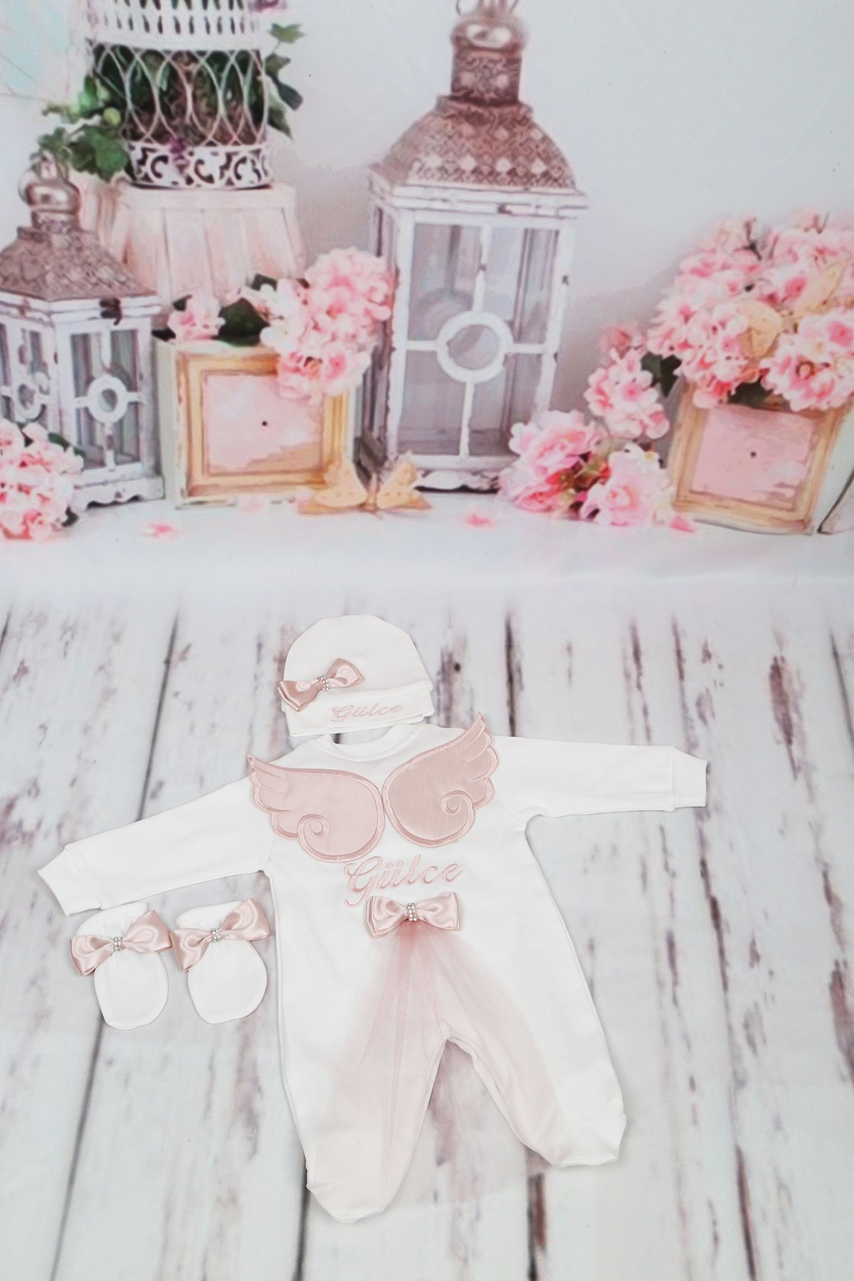 Personalized Feather Detailed Winged 3-piece Baby Rompers Set-3013