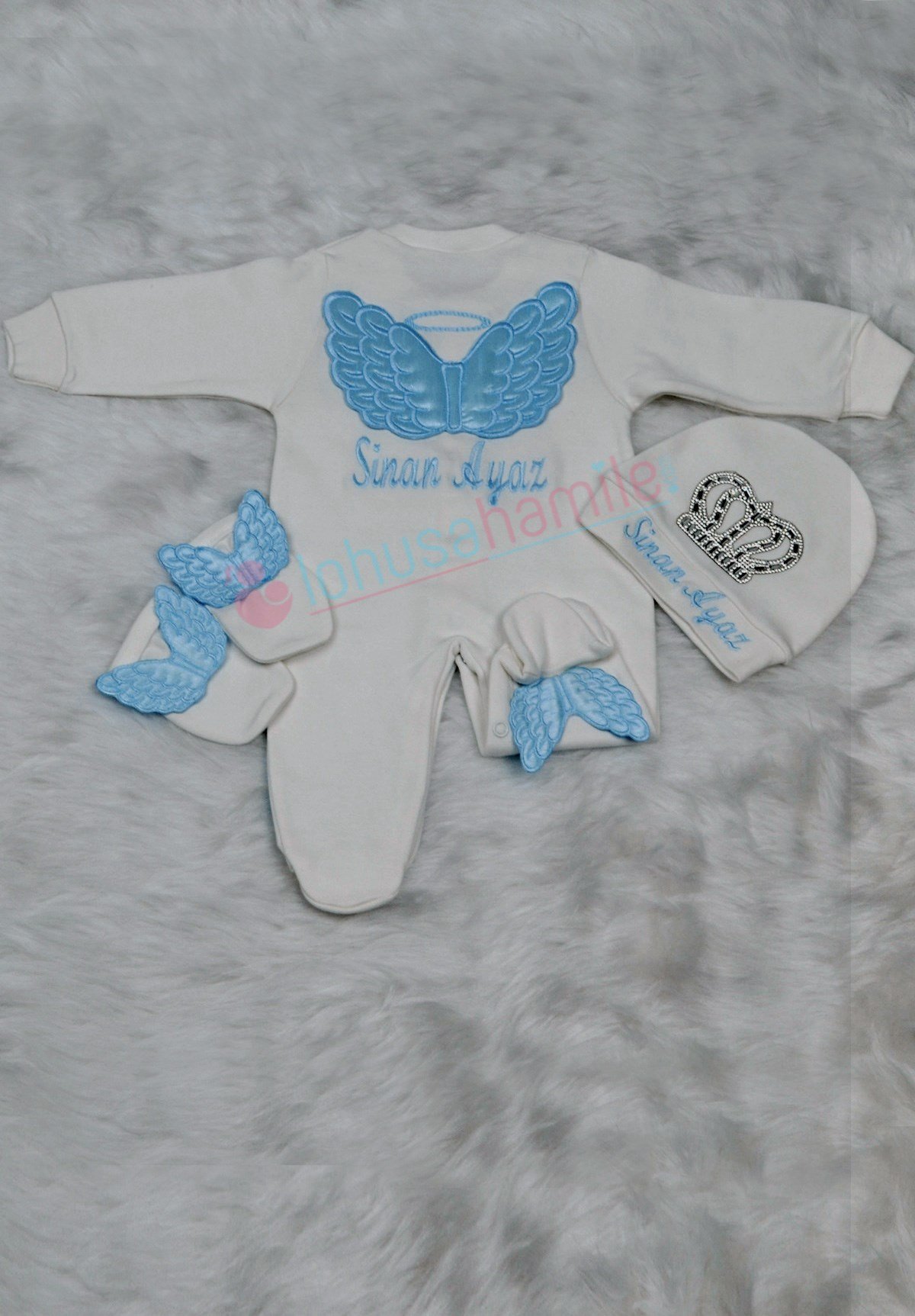 İsme Özel Atom Kanatlı 3'lü Bebek Tulum Seti-3005