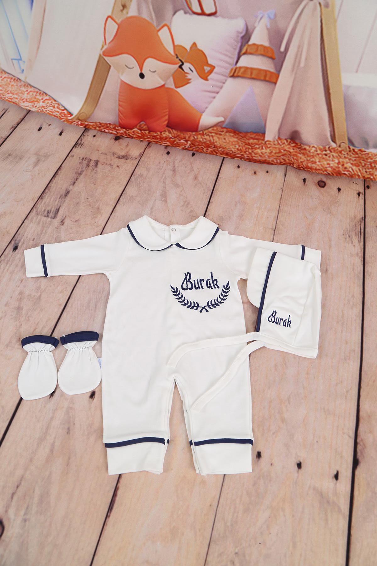 İsme Özel Biye Detaylı Lacivert Nakışlı  Hastane Çıkışı 3'lü set