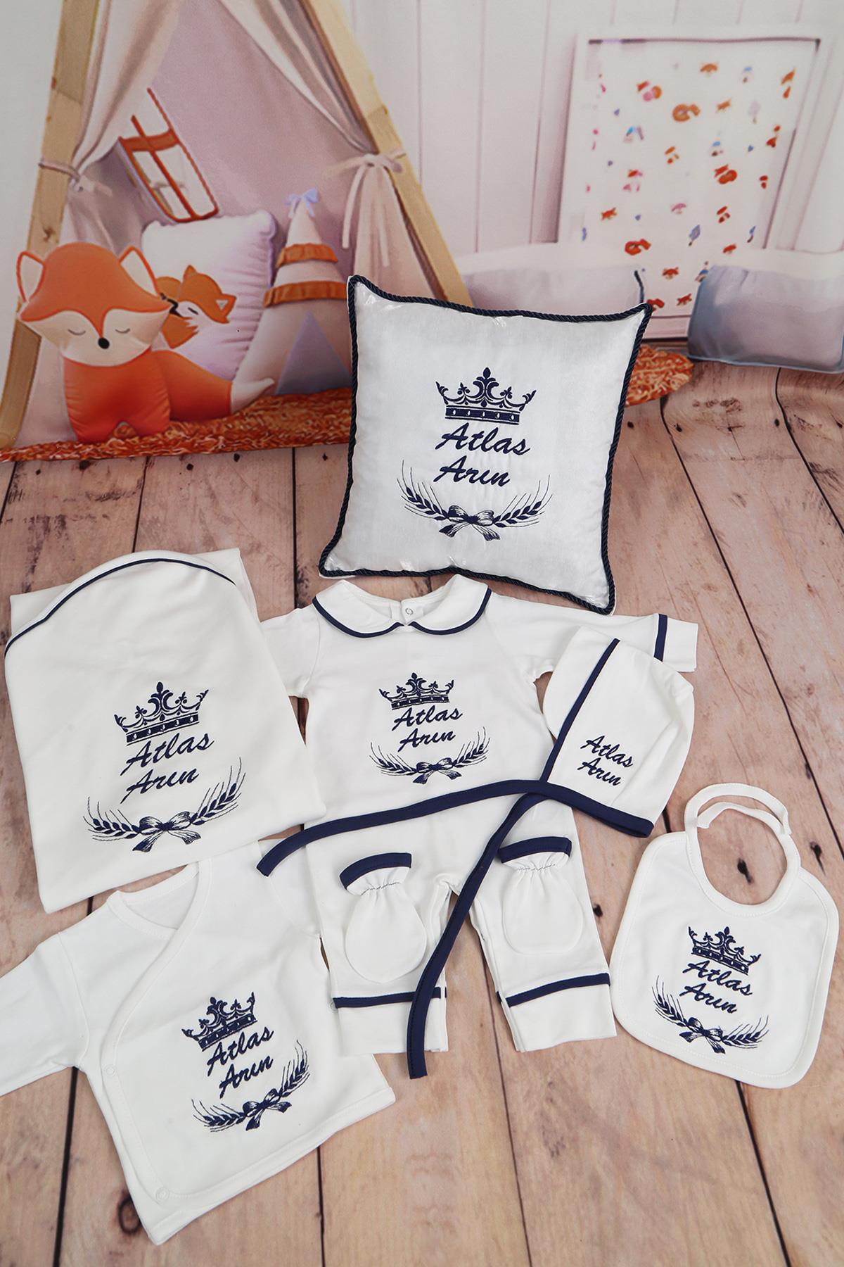 İsme Özel Biye Detaylı Lacivert Nakışlı 11li Yastıklı Hastane Çıkış Set