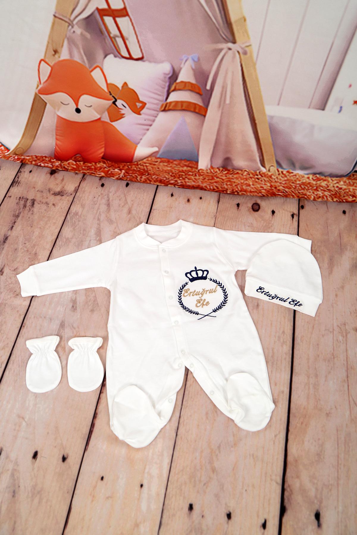 İsme Özel Çelenk Tac Desenli 3lü Bebek Seti-Lh0358