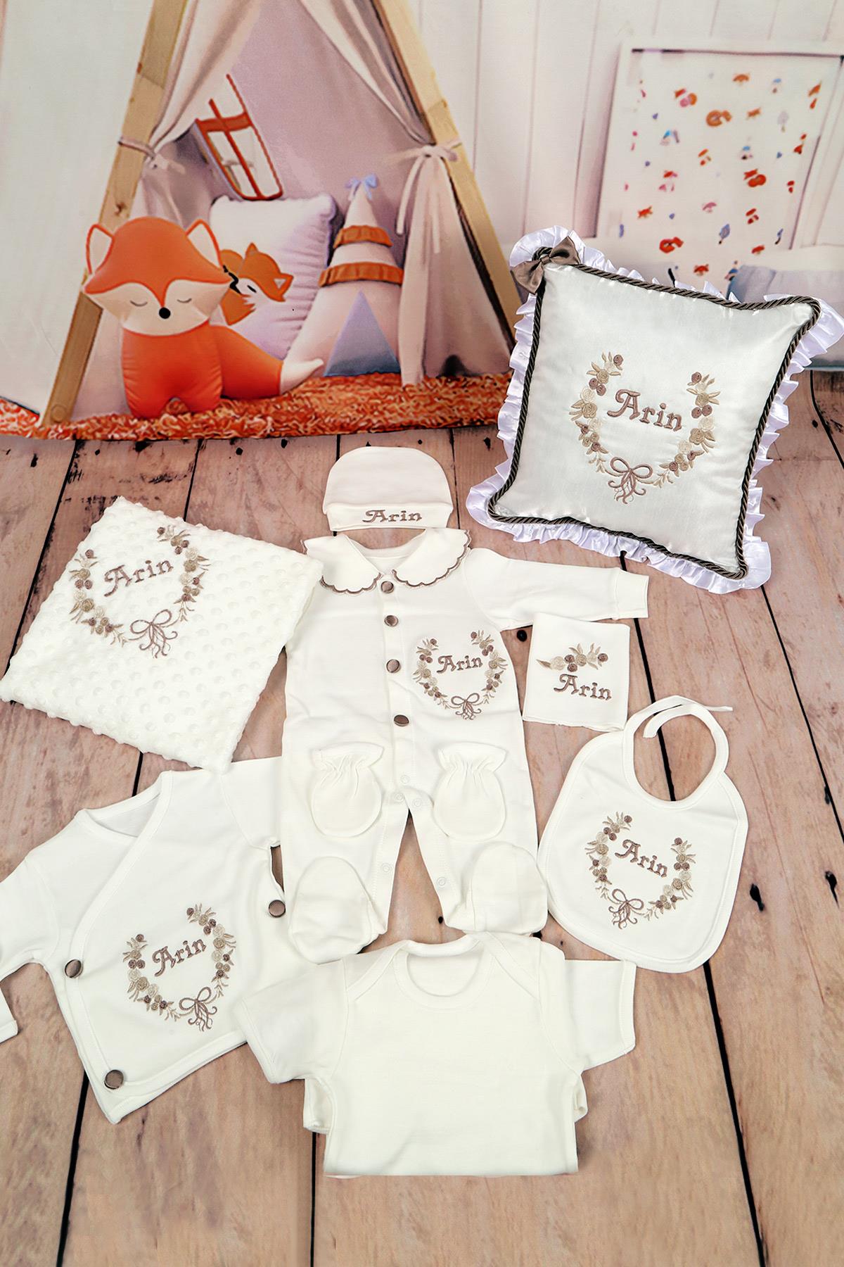 İsme Özel Çiçek Nakışlı 11li Yastıklı Hastane Çıkış Seti