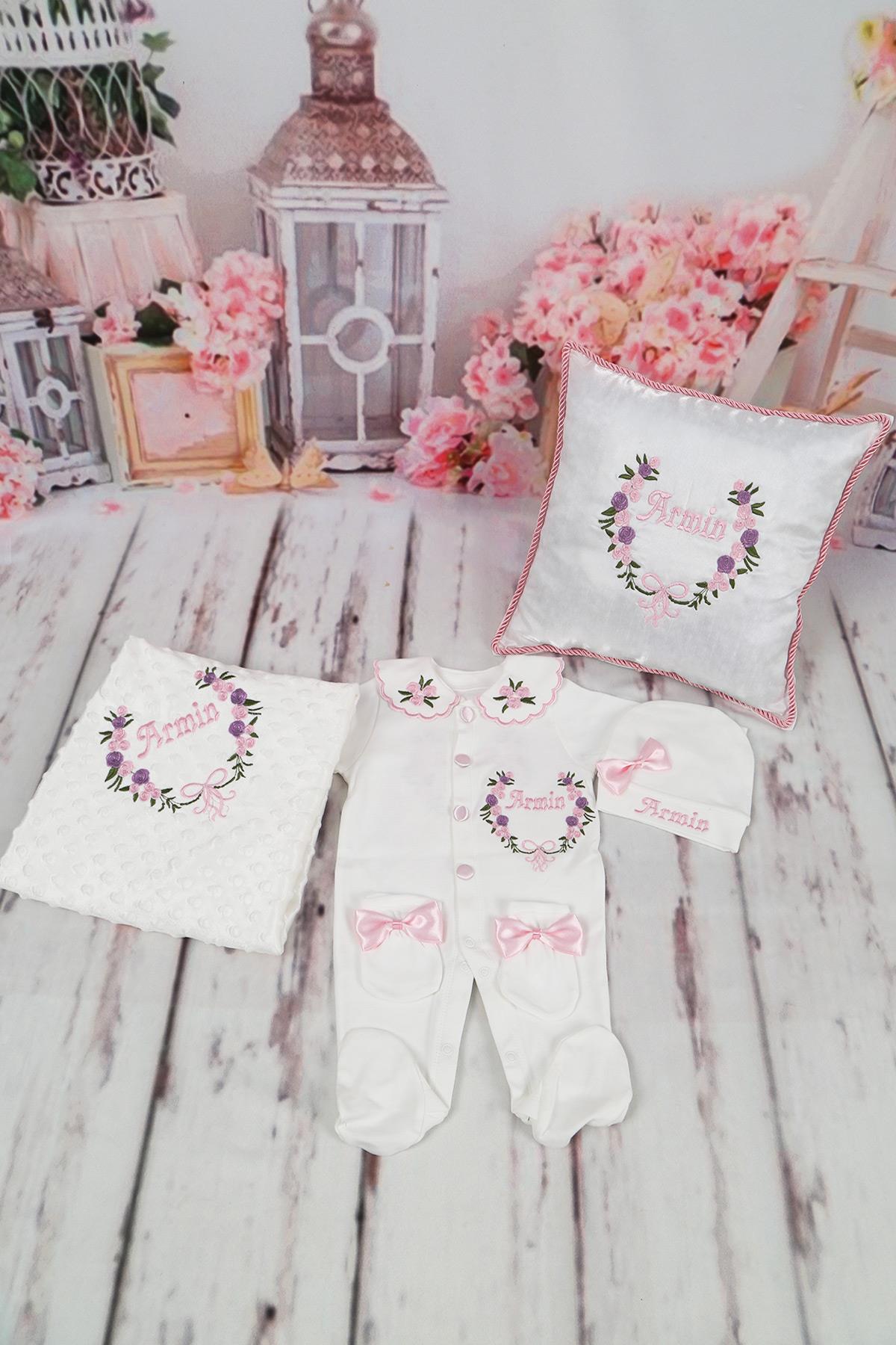 İsme Özel Çiçek Nakışlı 5li Hastane Çıkış Set Lh10417