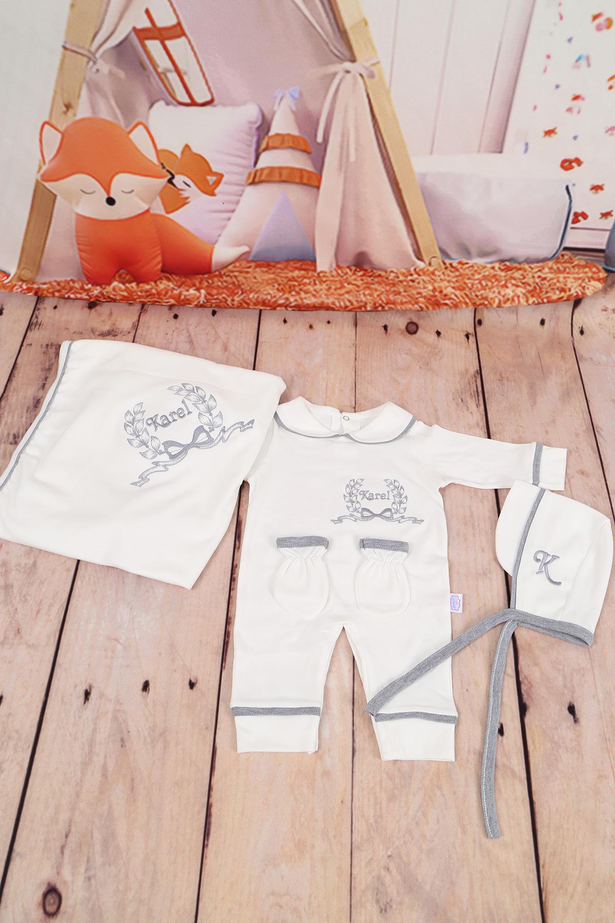 İsme Özel Gri Biye Detaylı Nakışlı 4lü Hastane Çıkış Set