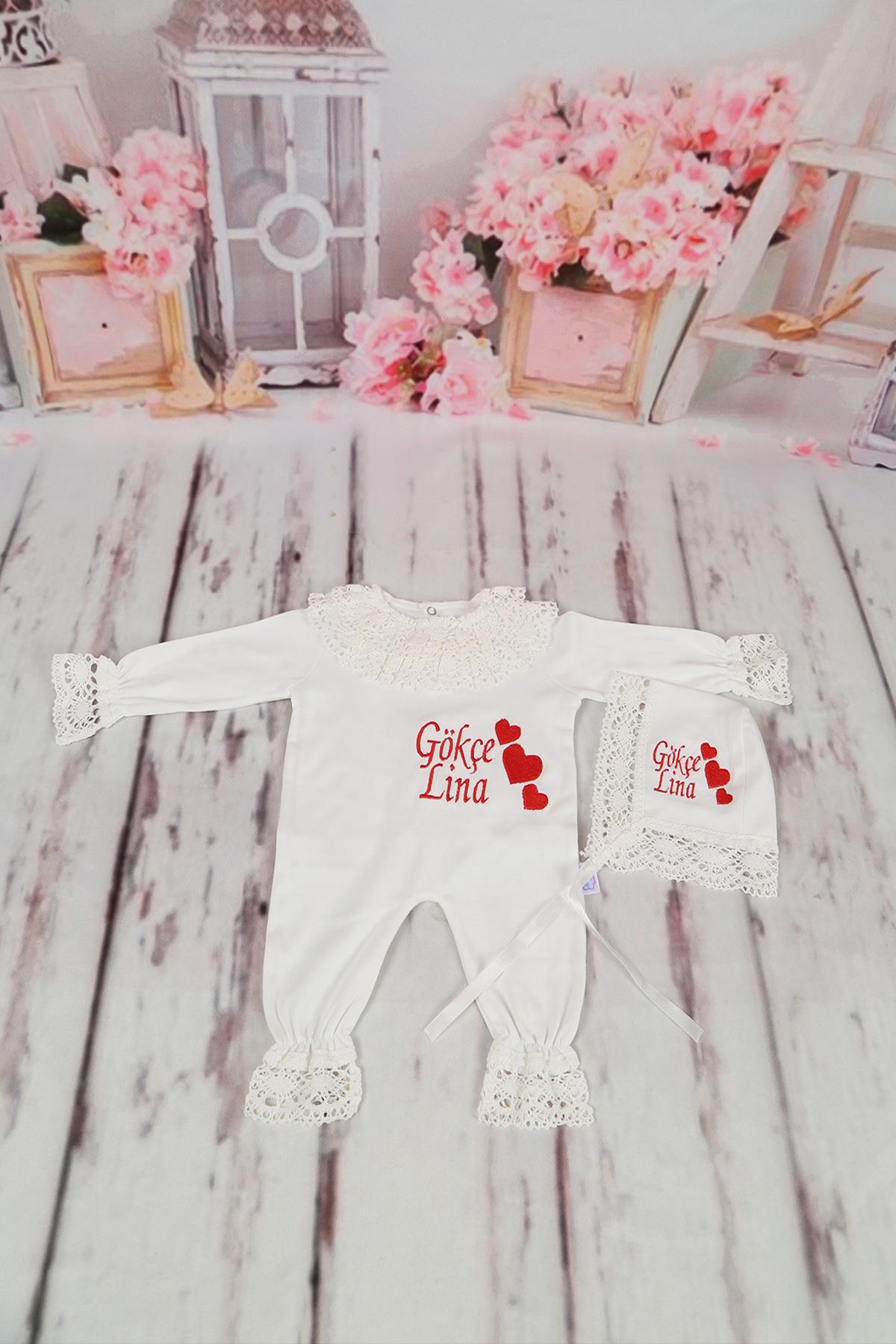 İsme Özel Güpür Yaka Dantelli Kalp Nakışlı 3lü Hastane Çıkış Seti