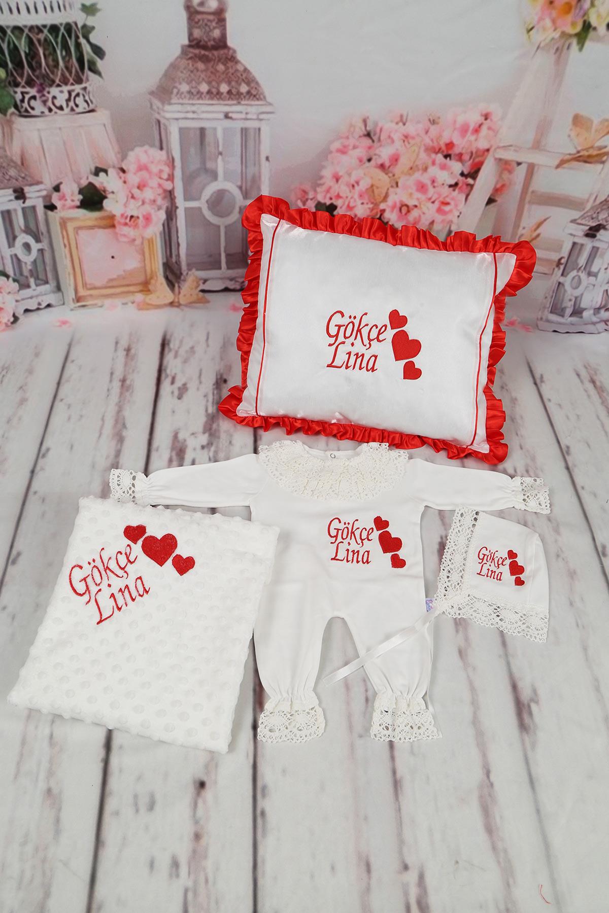 İsme Özel Güpür Yaka Dantelli Kalp Nakışlı 4lü Yastıklı Hastane Çıkış Seti