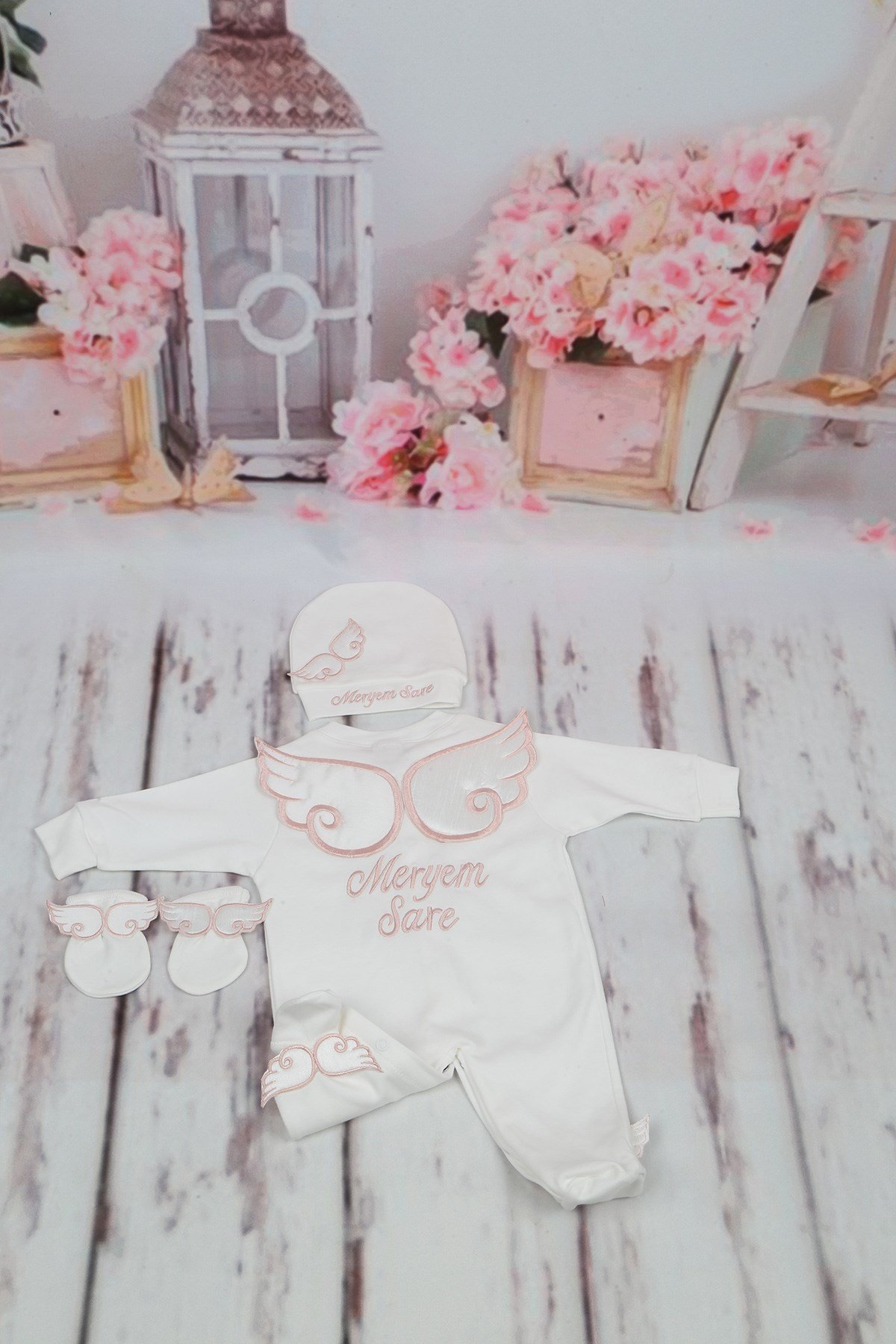 Personalized Wing Embroidered Baby  Romper 3 Piece Set 307