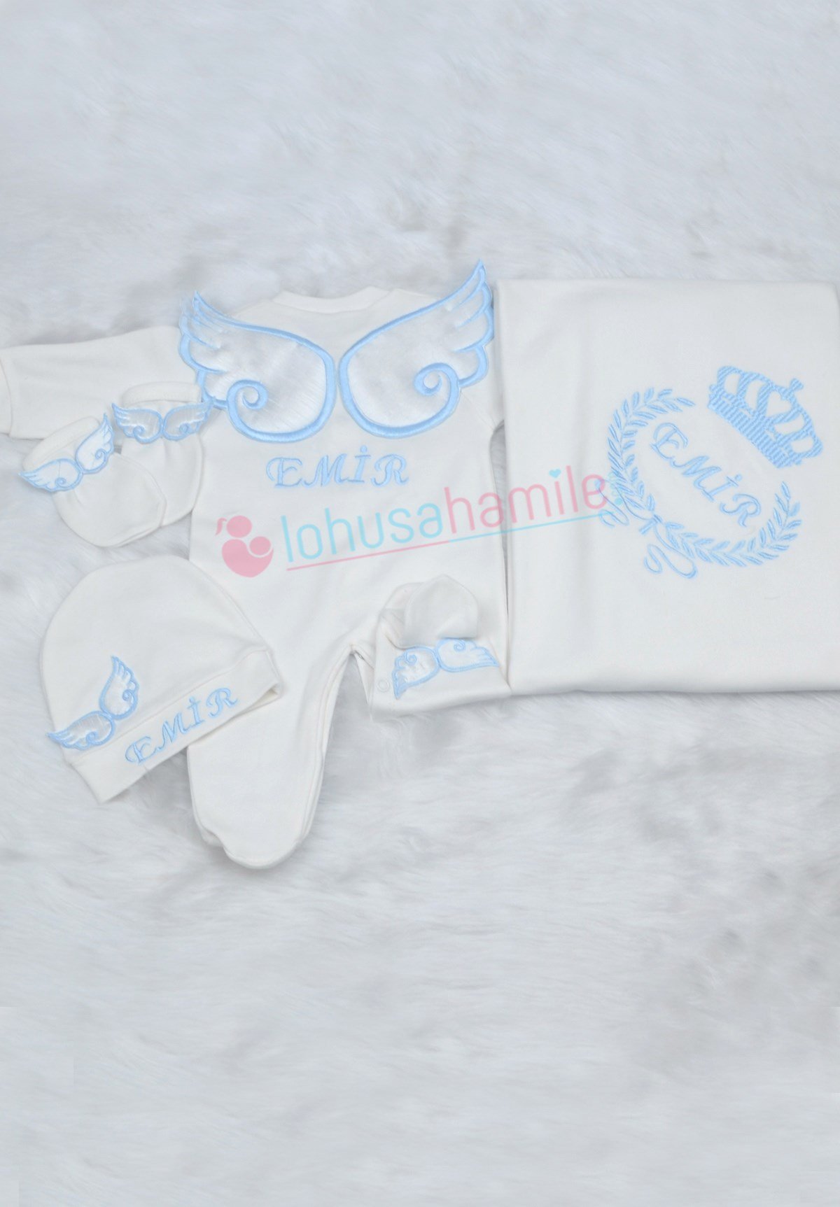 İsme Özel Kanat İşlemeli 4'lü Bebek Tulum Seti-4004