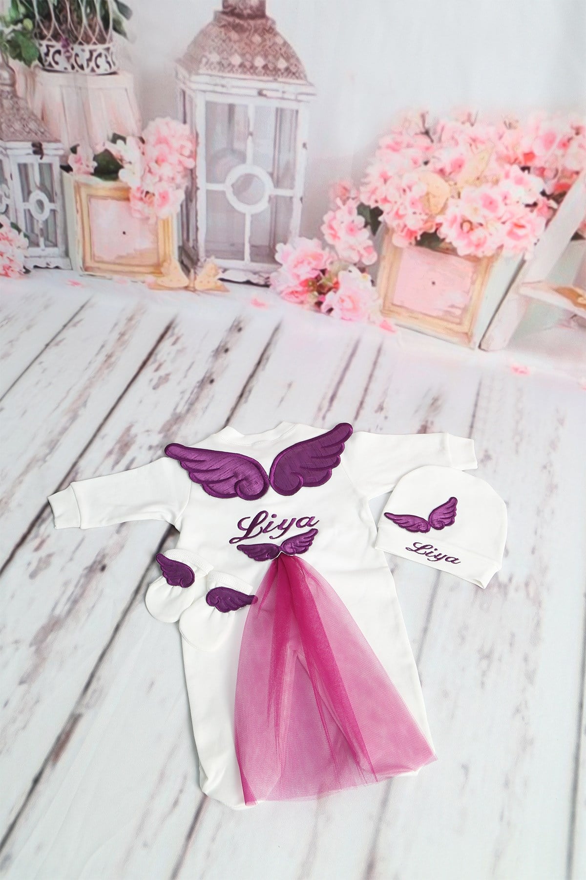 Personalized Wing Tulle Detailed Hospital Exit Set 3 Pieces Lh3070