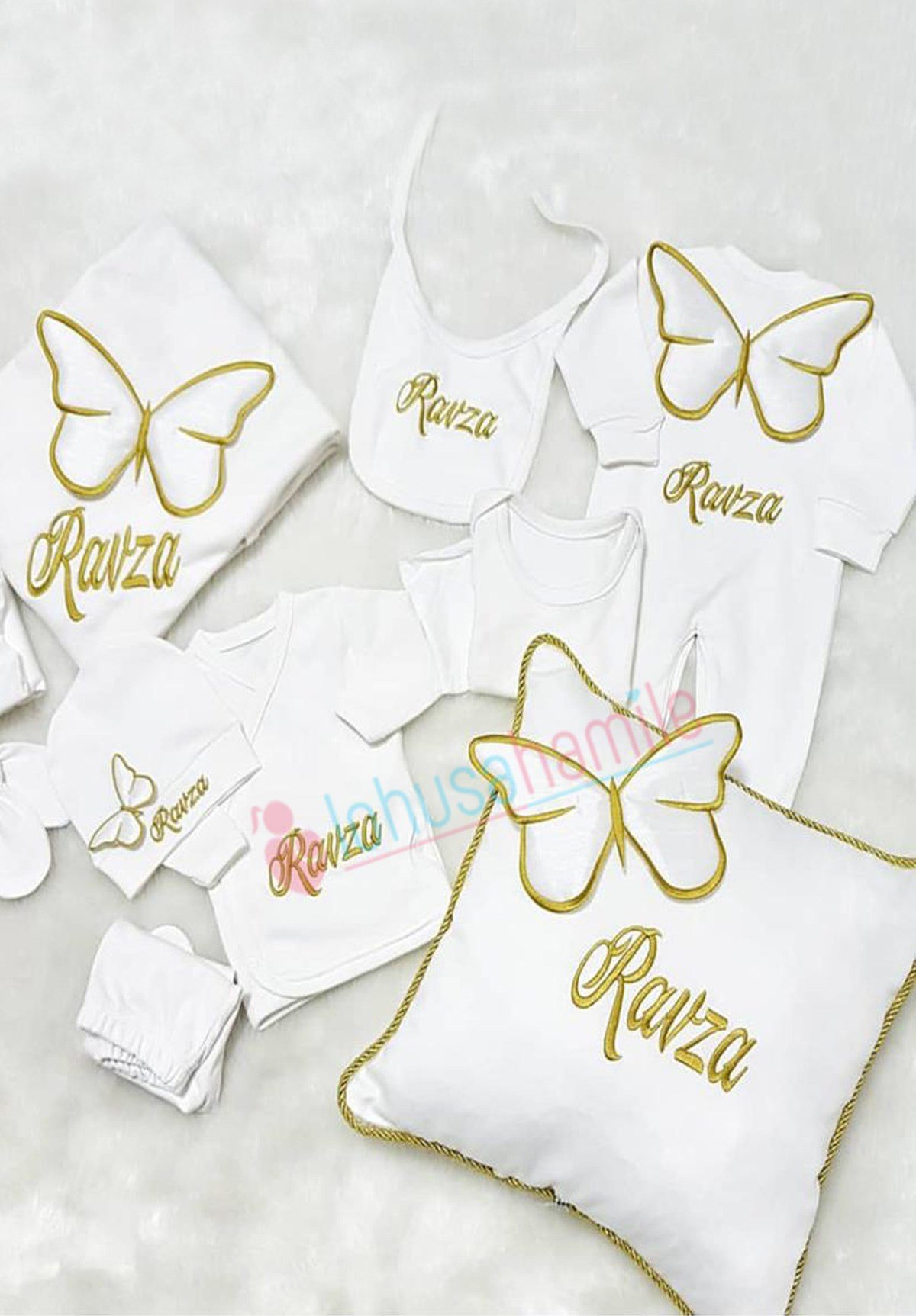 İsme Özel Kelebek İşlemli Takı Yastığı ve 10'lu Bebek Seti-LH1143