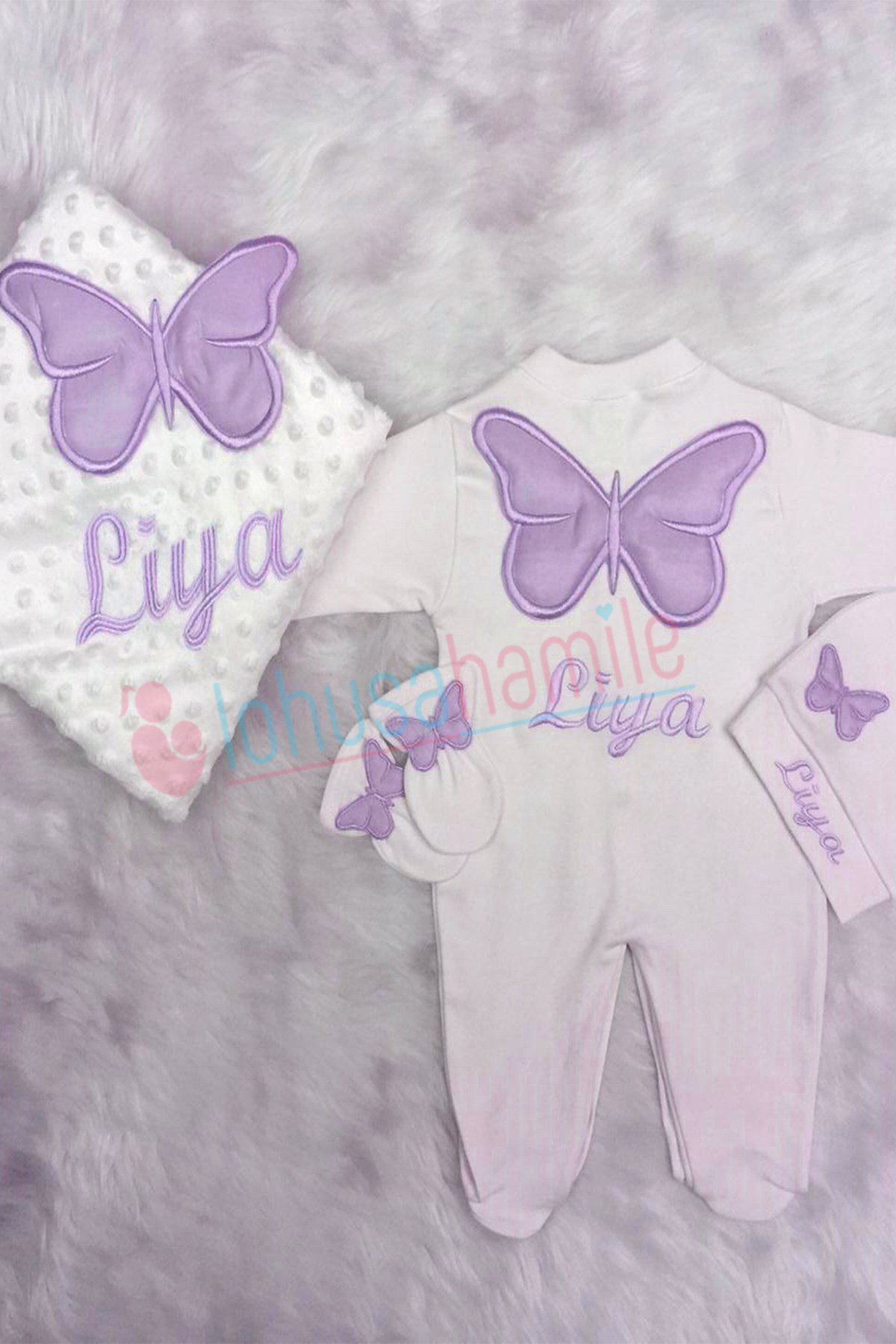 İsme Özel Kelebek Nakışlı 4'lü Tulum Seti-4045