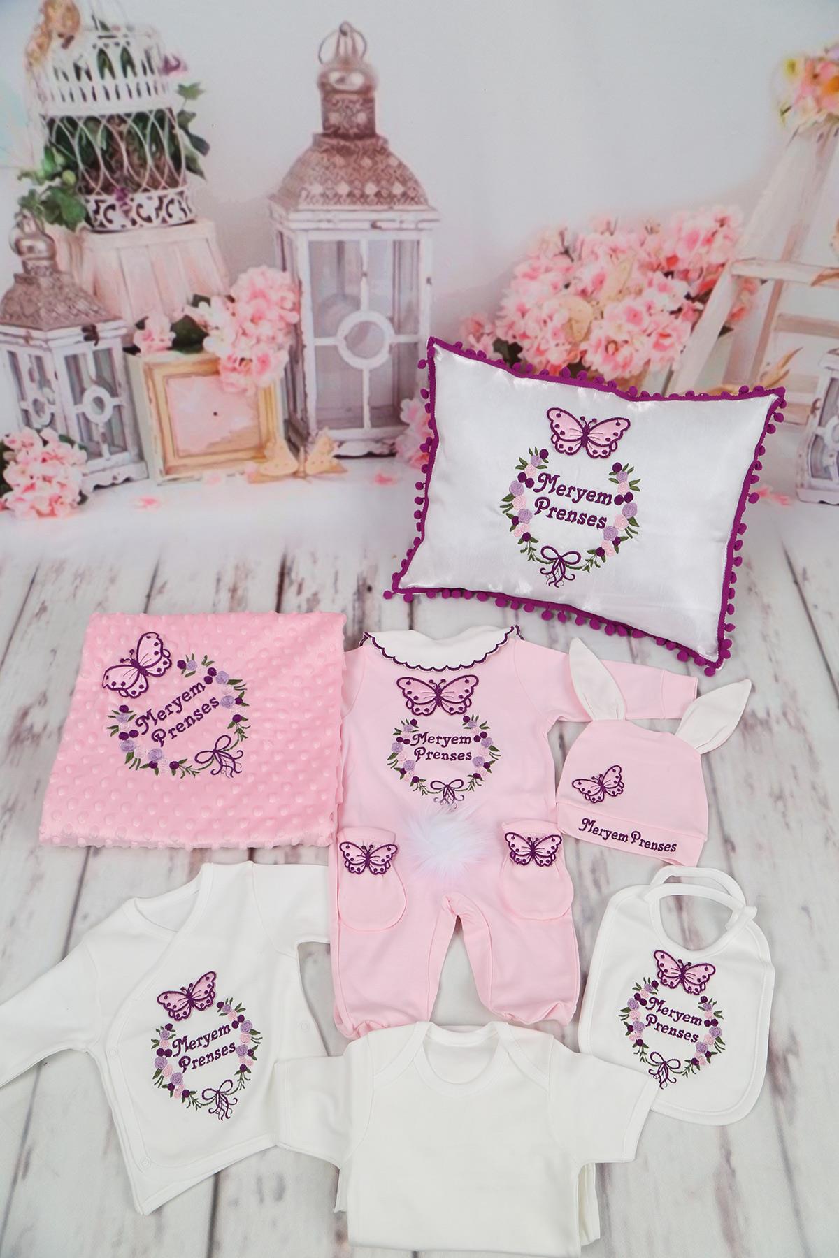 İsme Özel Kelebek Nakışlı Tavşanlı 11li Hastane Çıkış Set