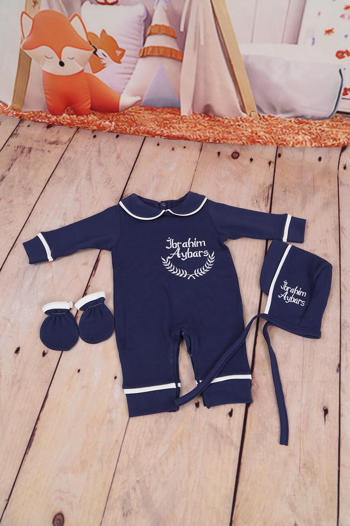 İsme Özel Lacivert Biye Detaylı Nakışlı 3lü Hastane Çıkış Set