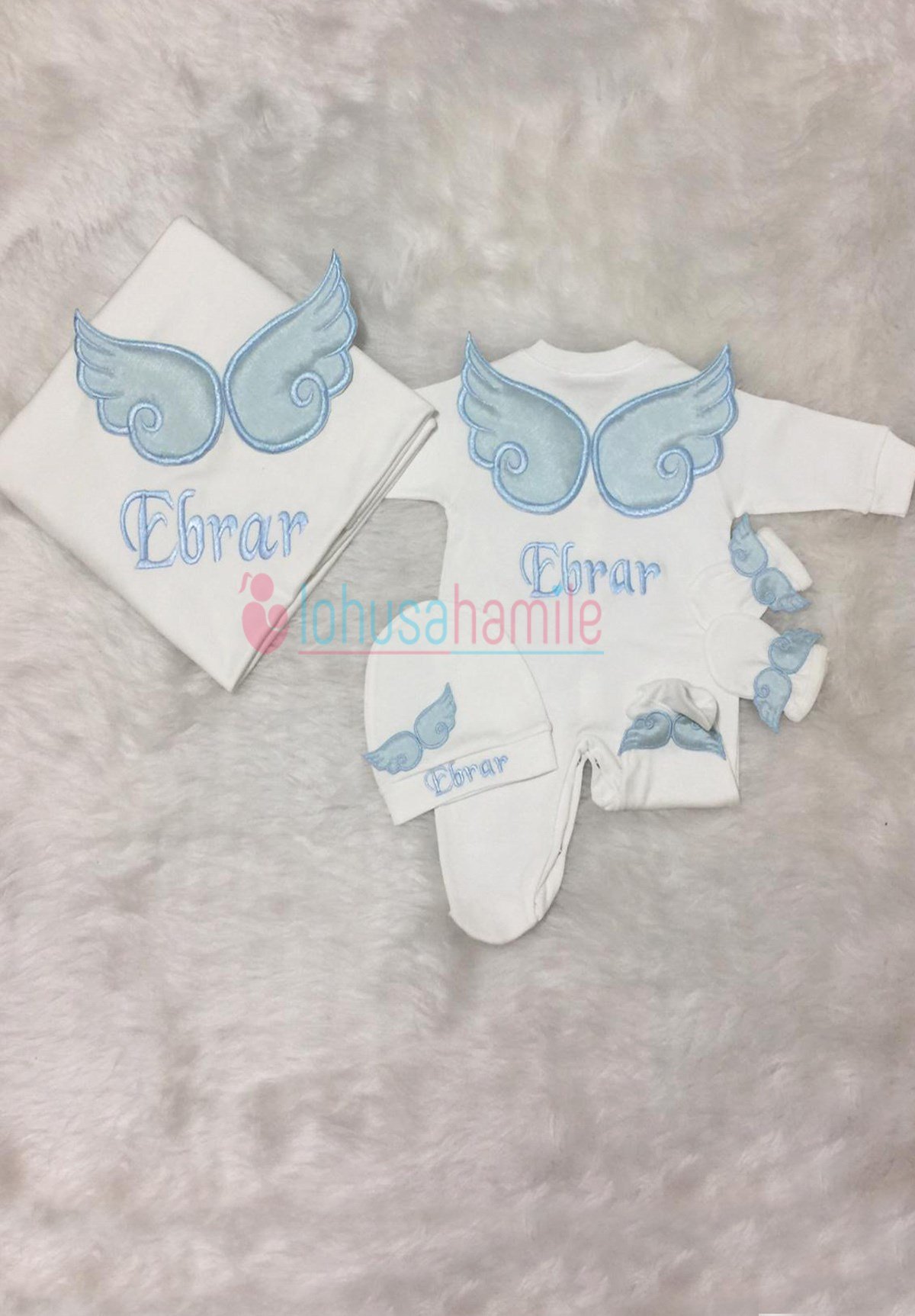 Personalized Baby Blue Wing Embroidered 4 Pieces Rompers Set-4035