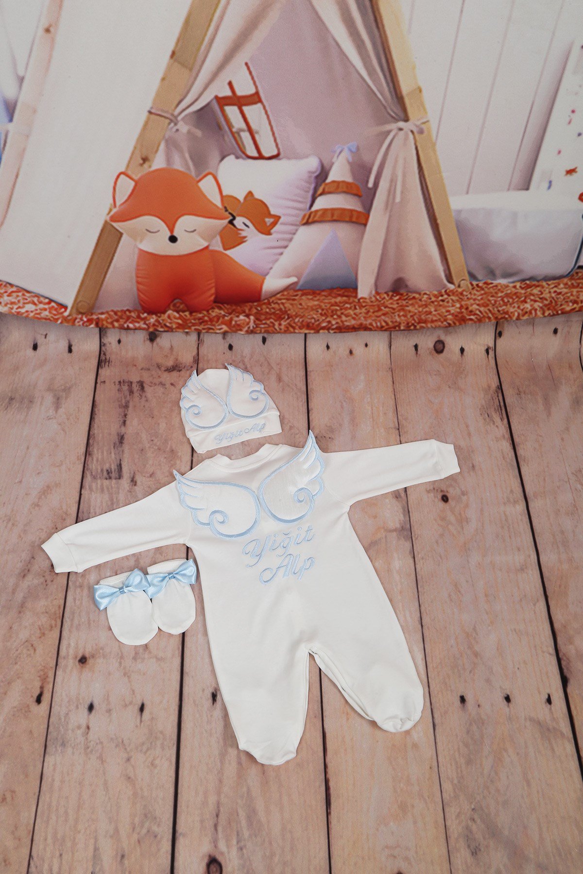 İsme Özel Mavi Kanatlı 3'lü Bebek Tulum Seti-3023