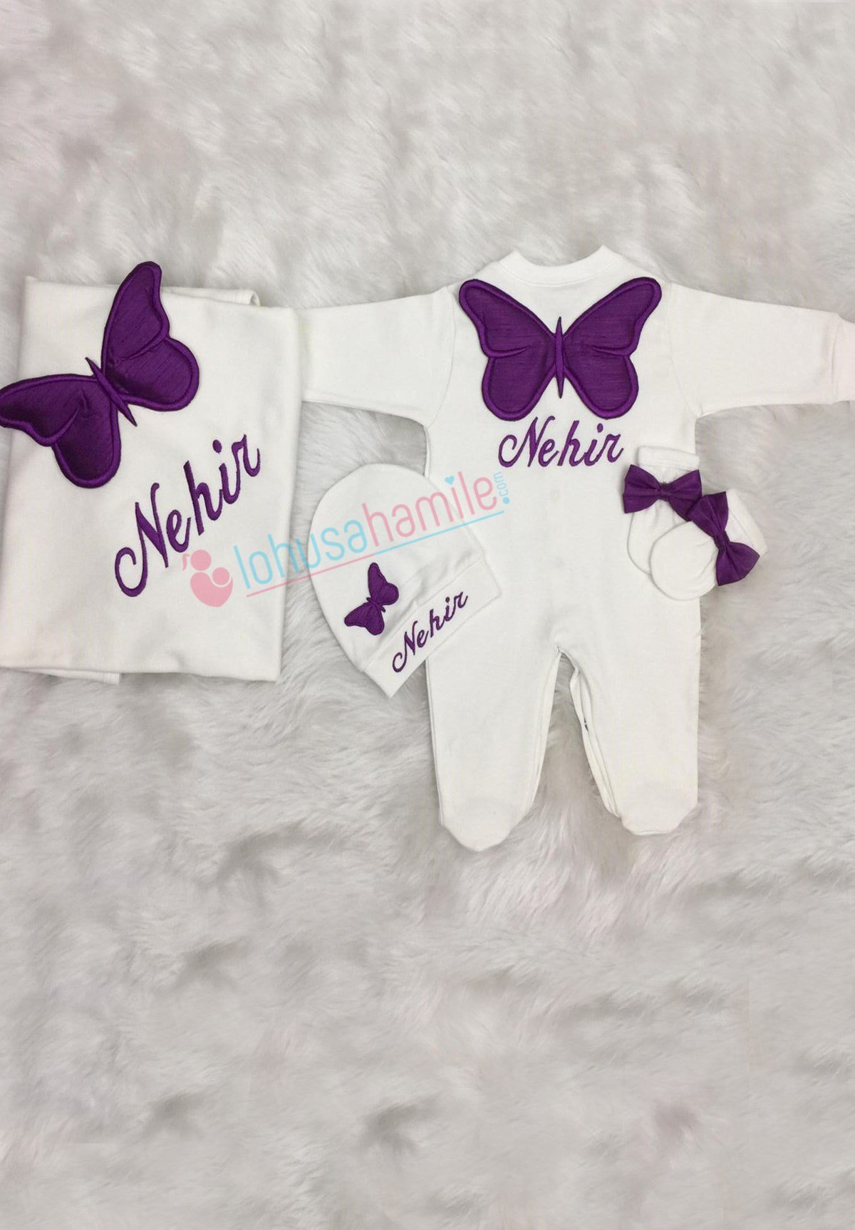 İsme Özel Mor Kelebek işlemeli 4'lü Set-4006