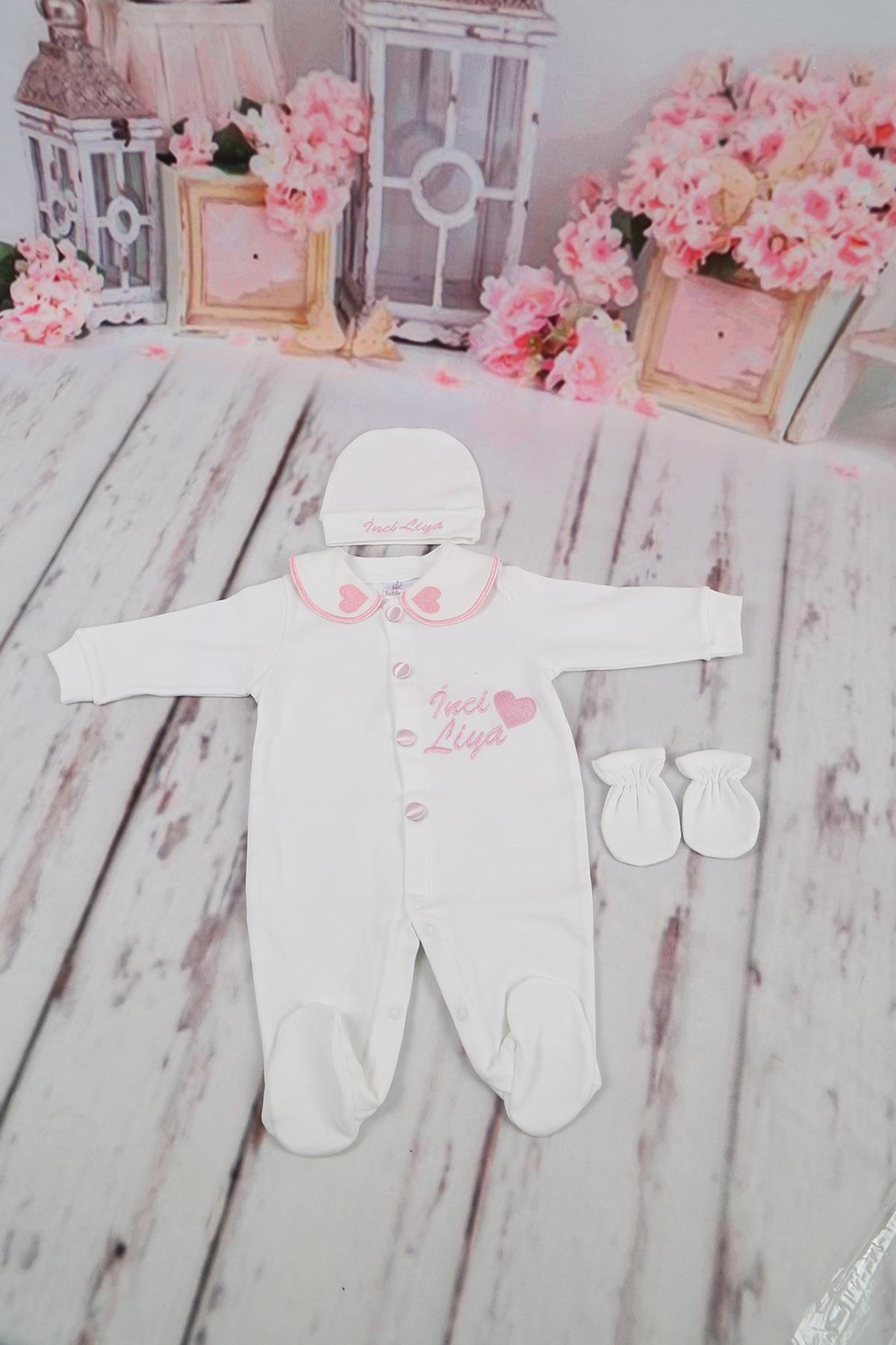 İsme Özel Pembe Kalp Yaka Detaylı Hastane Çıkışı 3'lü set