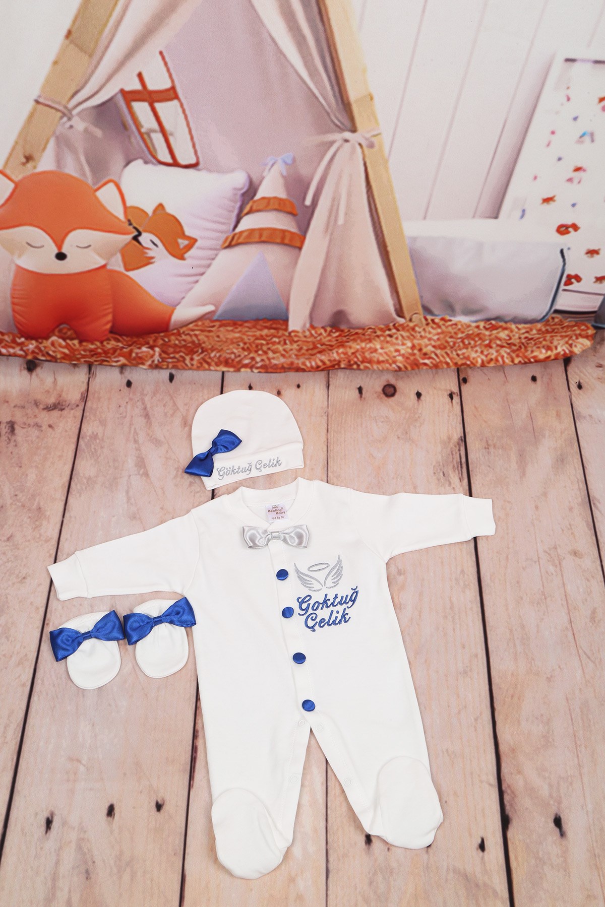 İsme Özel Saks Mavi Desenli 3'lu Bebek Tulum Seti-3045