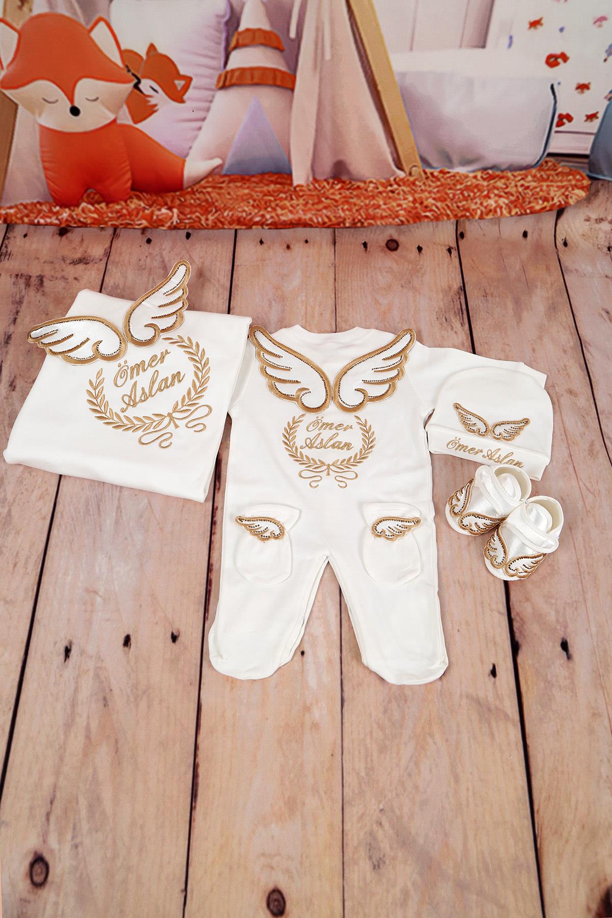 İsme Özel Taş işlemeli Kanat Nakışlı 5li Hastane Çıkış Set