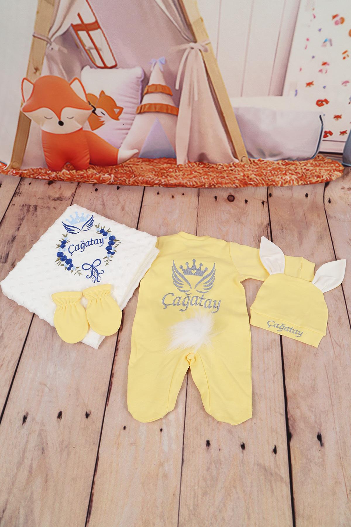 İsme Özel Tavşanlı Çiçek Detaylı Nakışlı 4lü Hastane Çıkış Seti