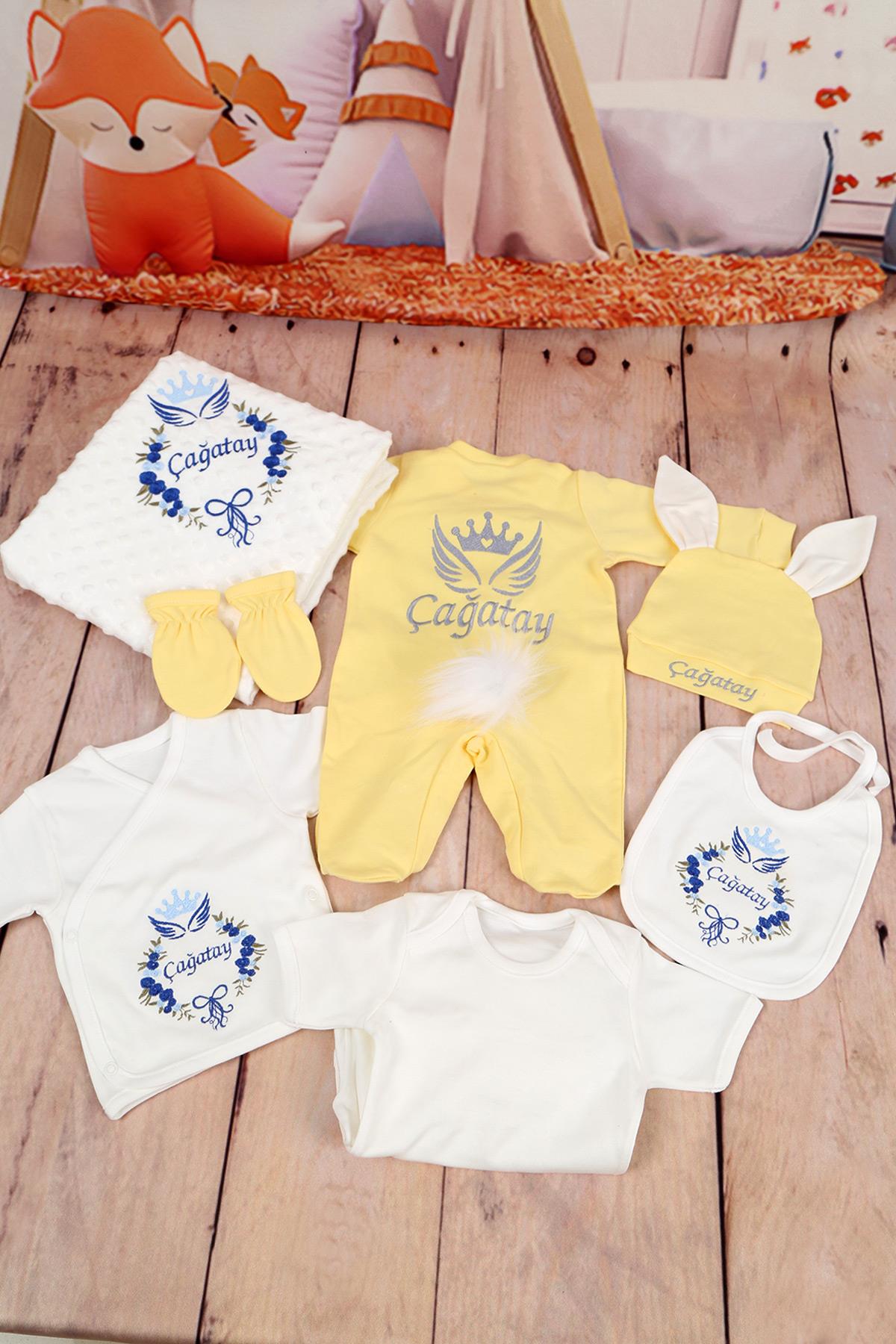 İsme Özel Tavşanlı Çiçek Nakışlı 10lu Hastane Çıkış Set