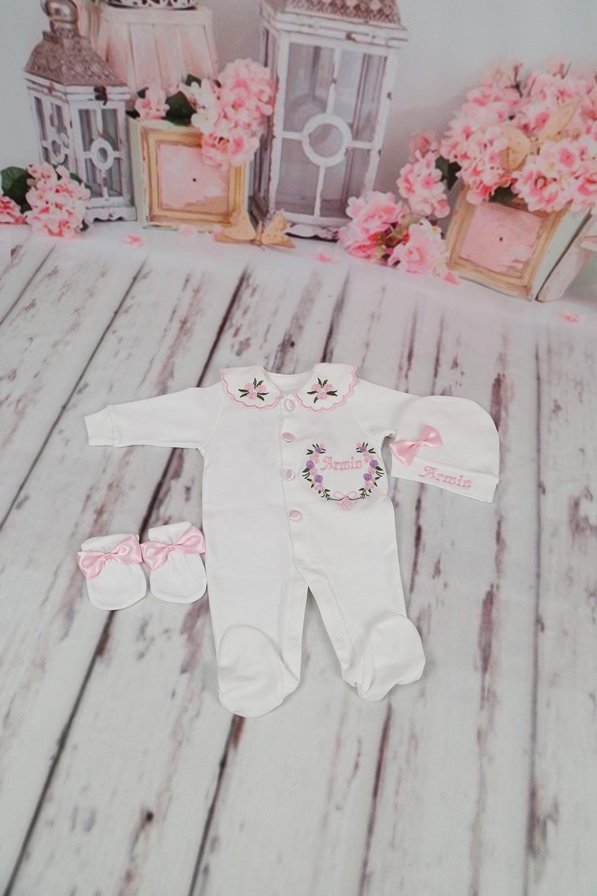 İsme Özel Yaka Detaylı Çiçek Nakışlı 3lü Hastane Çıkış Seti