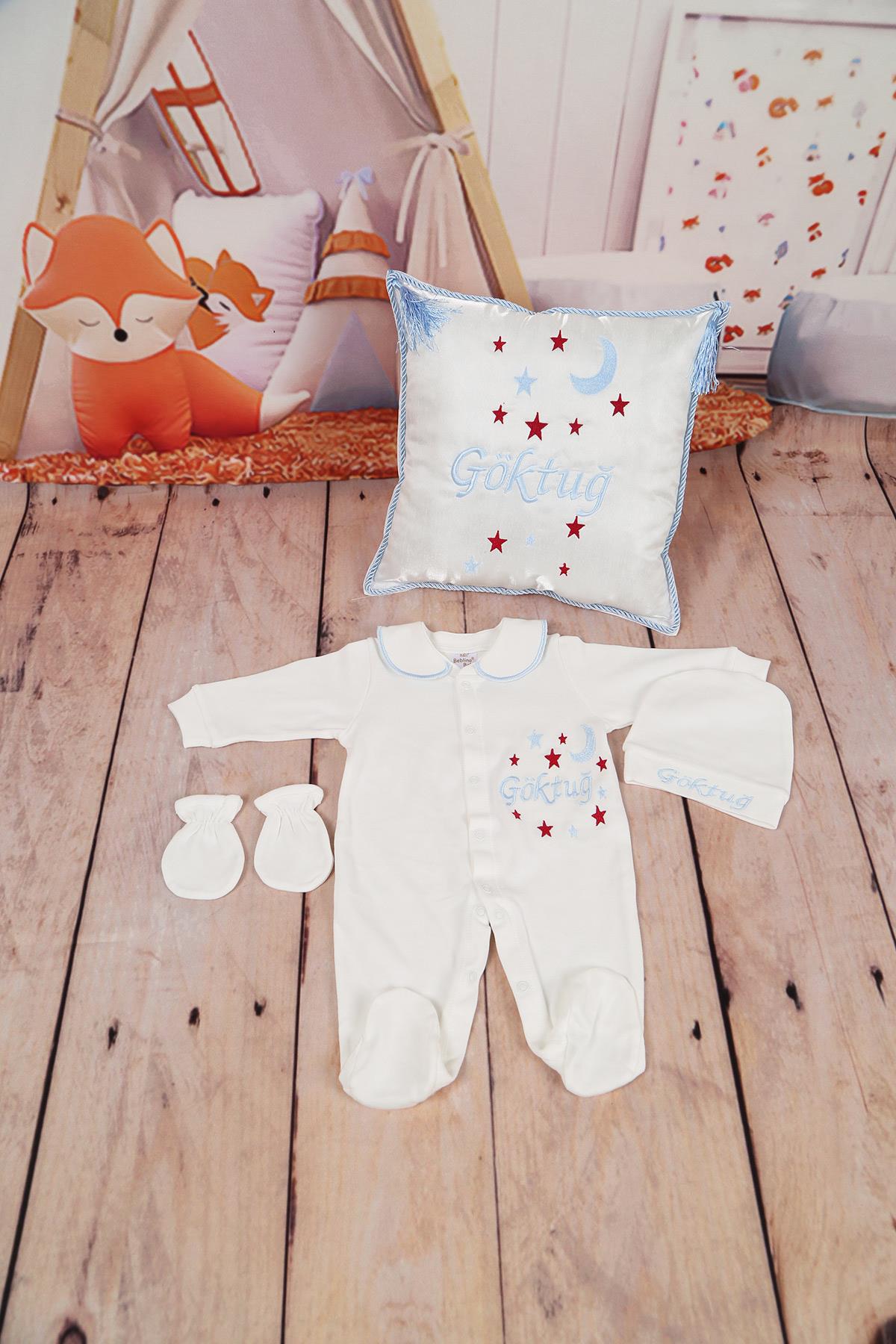 İsme Özel Yıldız Ay Nakışlı 4lü Hastane Çıkış Seti